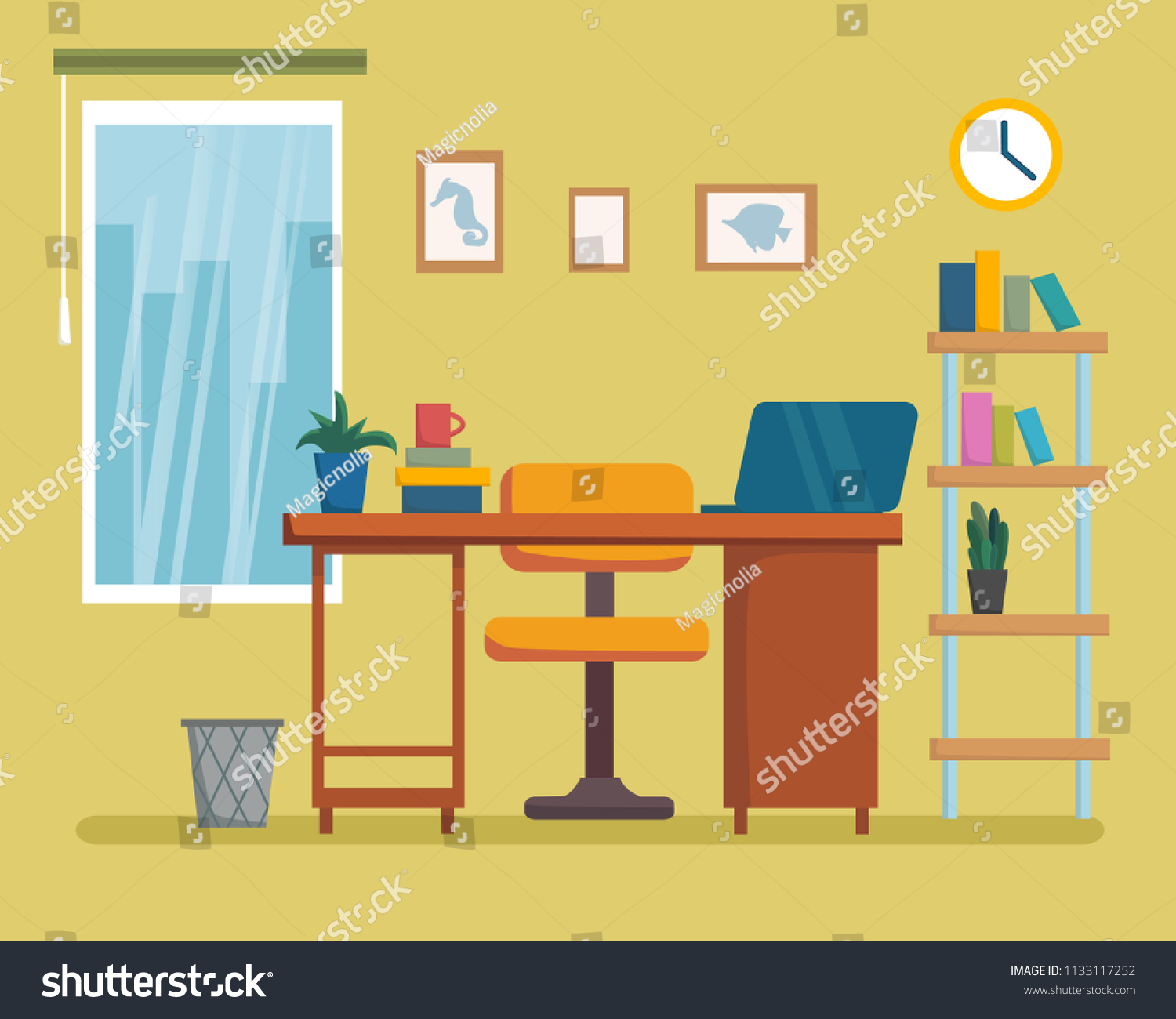 Workplace Interior Cartoon Design Furniture Bookshelf Stock Vector ...