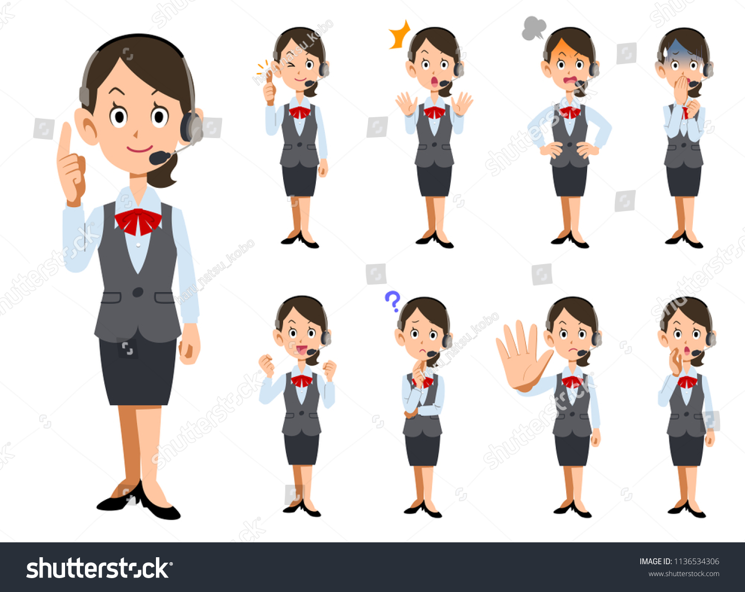 Nine Facial Expressions Gestures Female Operators Stock Vector Royalty Free 1136534306 4646