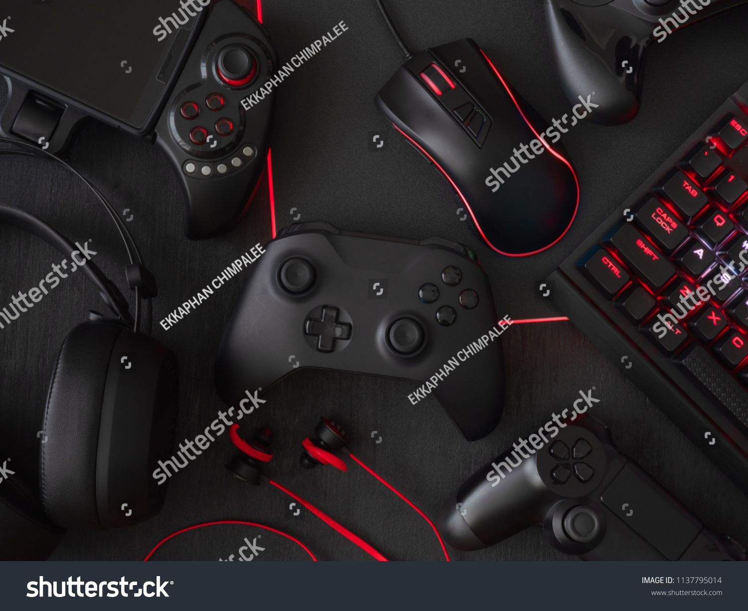 Gamer Workspace Concept Top View Gaming Stock Photo 1137795014