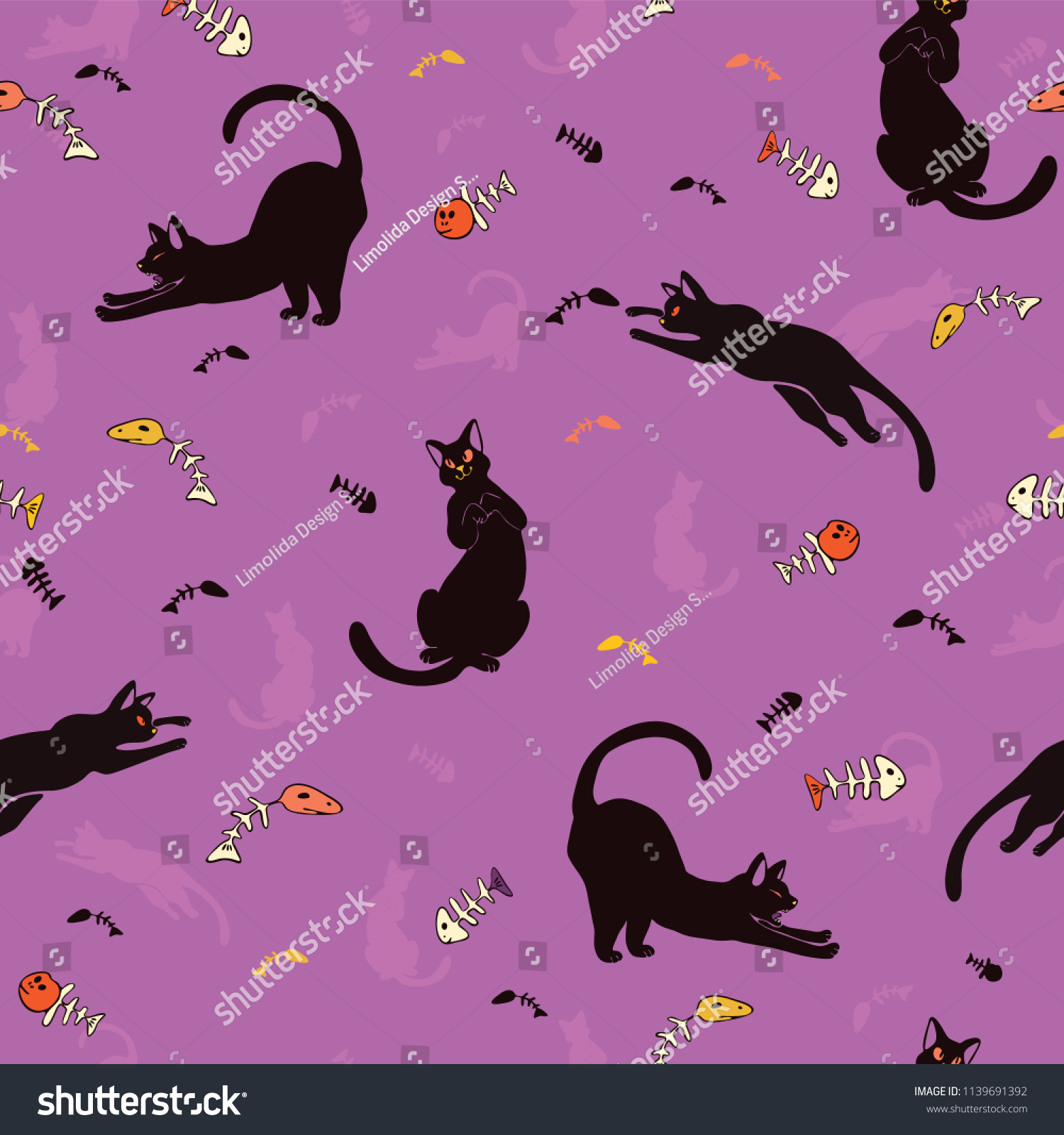 Halloween Black Cats Vector Pattern Hand Stock Vector (Royalty Free ...