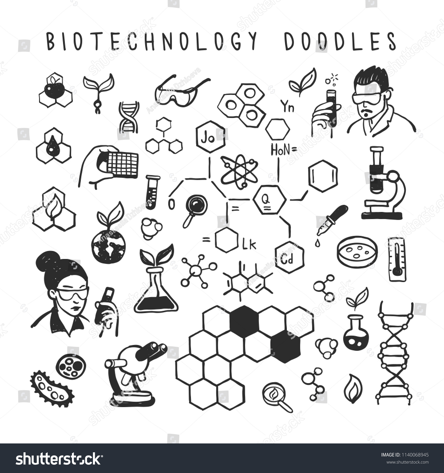 Biotechnology Doodles Scientific Doodle Style Icons Stock Vector