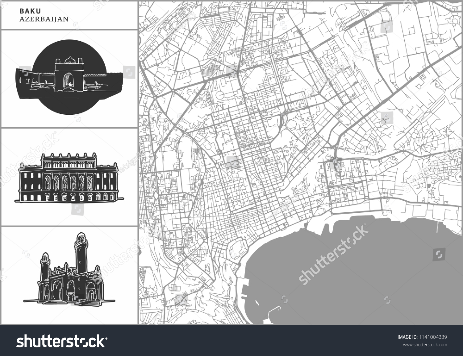 Baku City Map Handdrawn Architecture Icons Stock Vector Royalty Free   Stock Vector Baku City Map With Hand Drawn Architecture Icons All Drawigns Map And Background Separated For 1141004339 