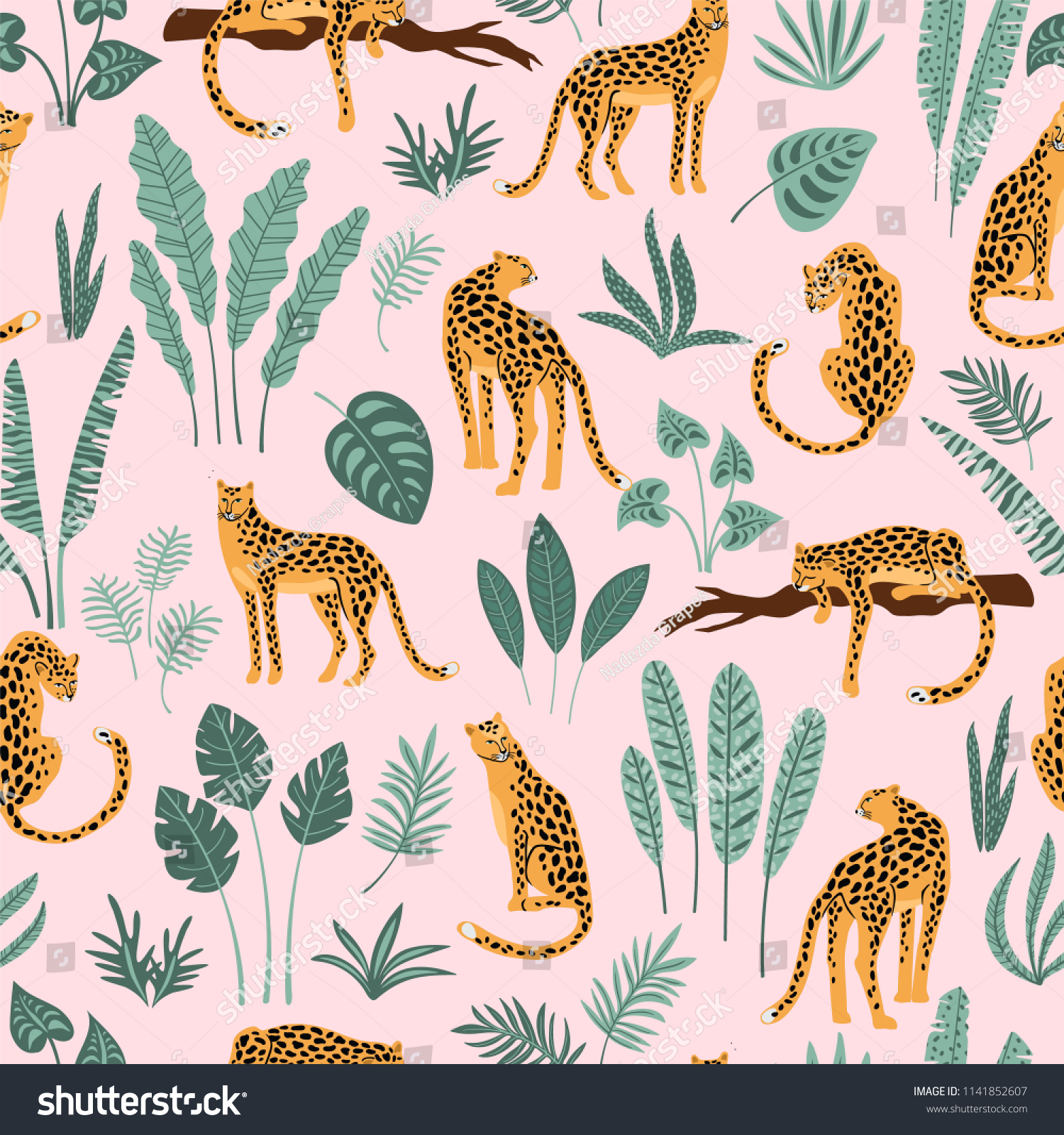 Vestor Seamless Pattern Leopards Tropical Leaves Stock Vector (Royalty ...