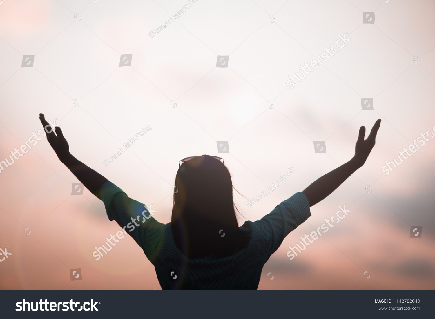 Women Raised Both Hands Pray Blessings Stock Photo 1142782040 