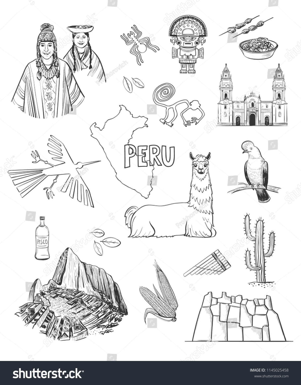 Vector Collection Hand Drawing Drawings Peru Stock Vector Royalty Free   Stock Vector Vector Collection Of Hand Drawing Drawings In Peru Traditional Symbols And Attractions Of The 1145025458 