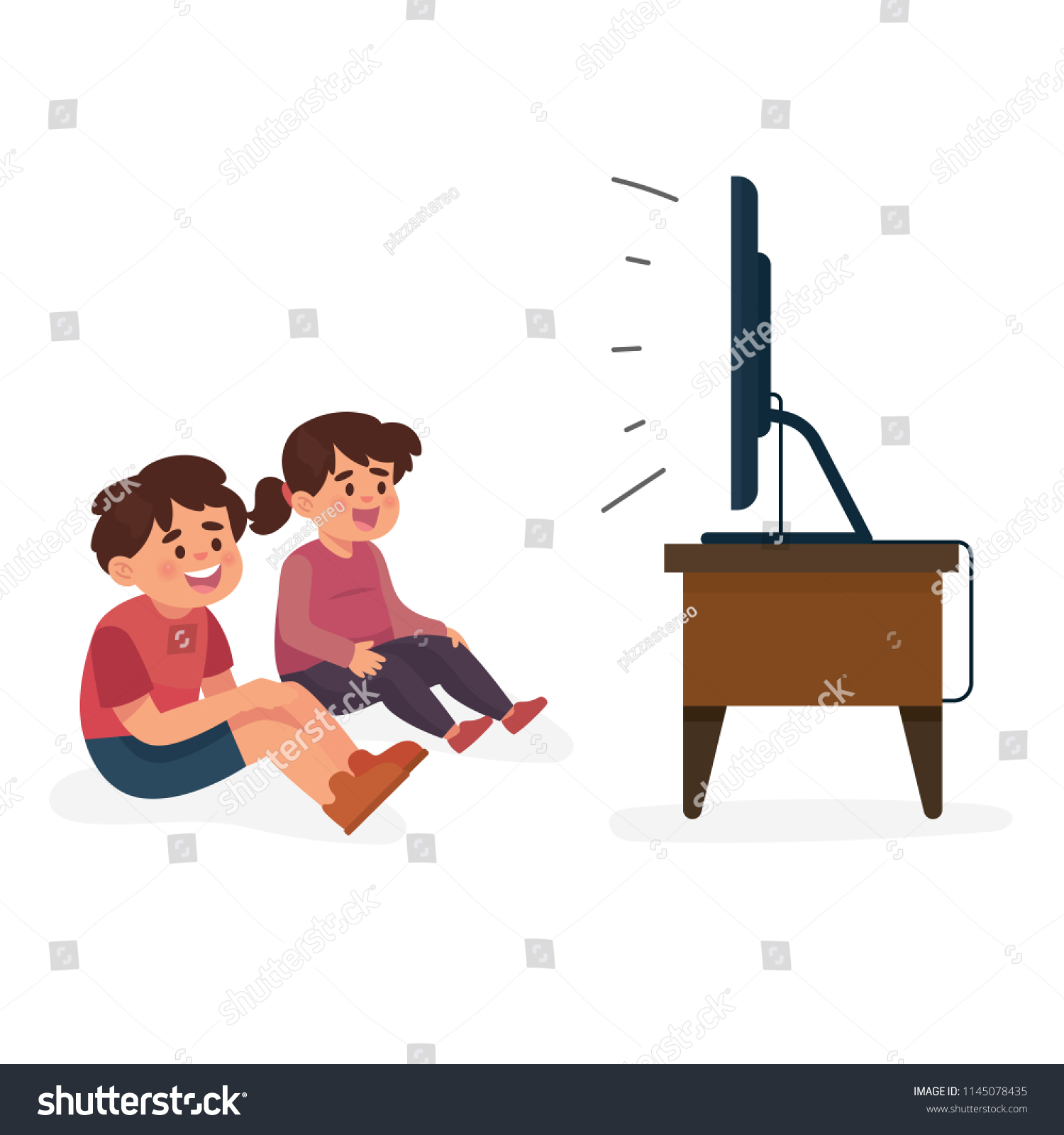 Vector Illustration Happy Kids Watching Tv Stock Vector (royalty Free 