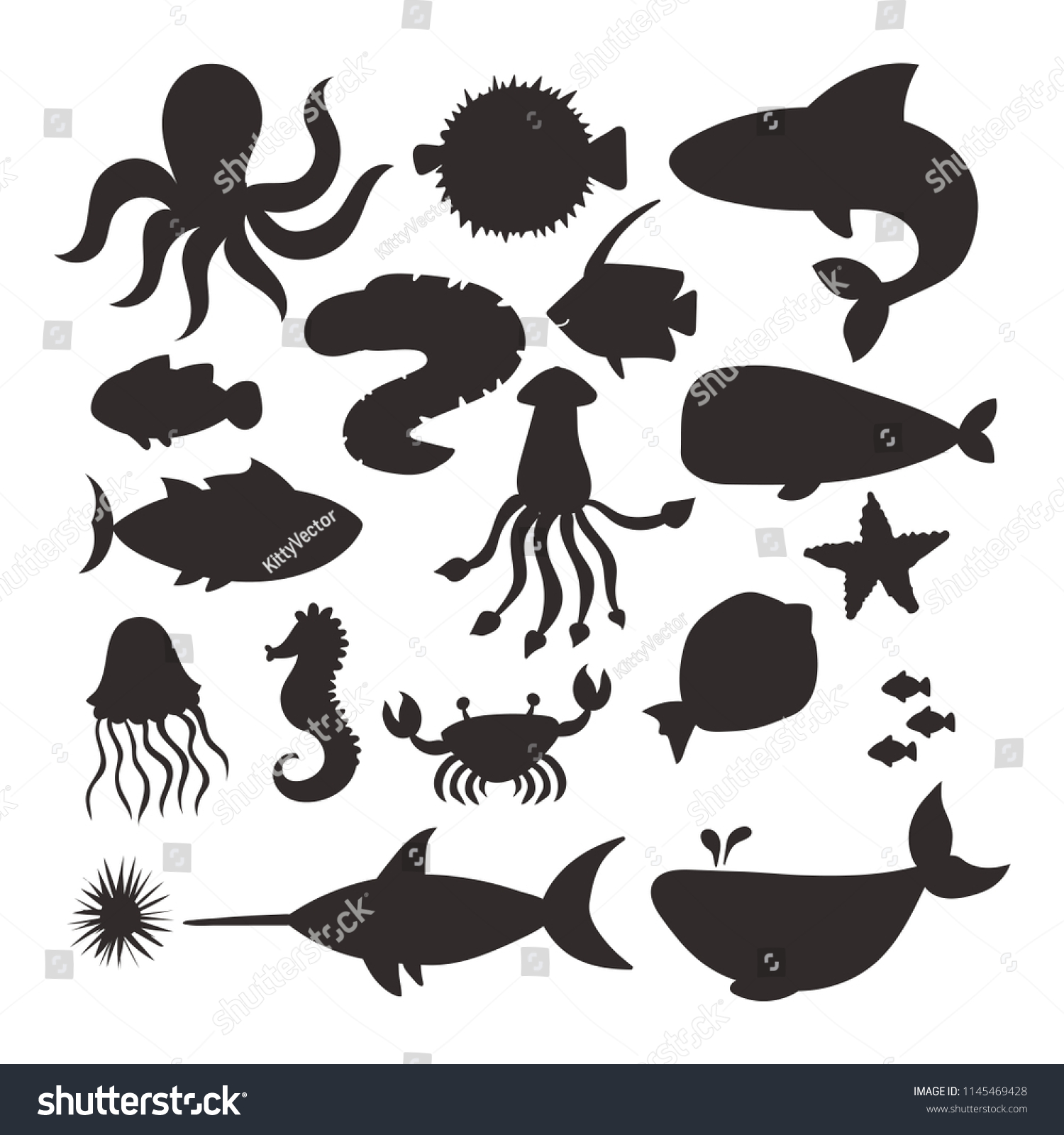 Sea Animals Vector Silhouette Creatures Characters Stock Vector ...