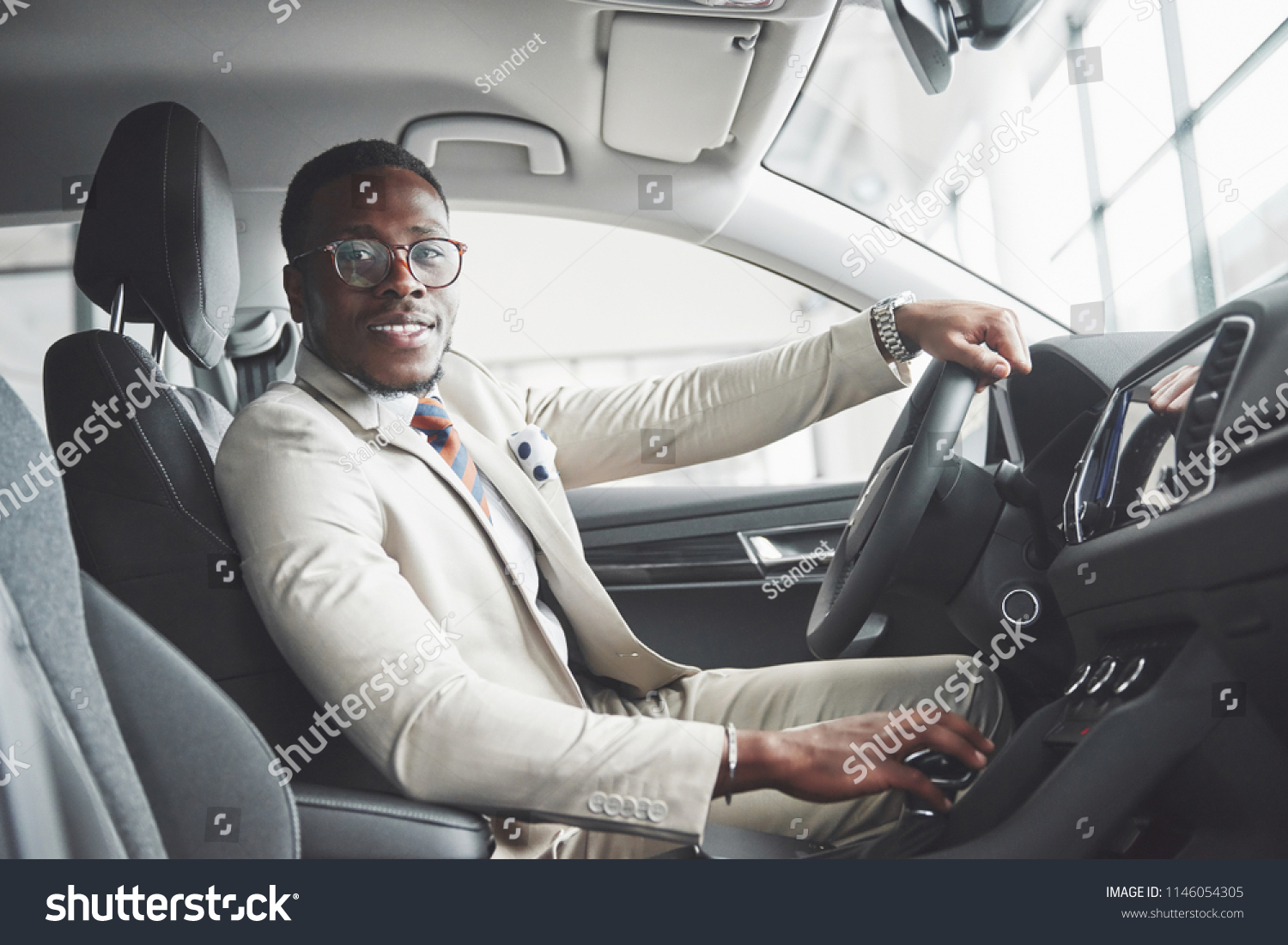 Stylish Black Businessman Sitting Behind Wheel Stock Photo 1146054305 ...