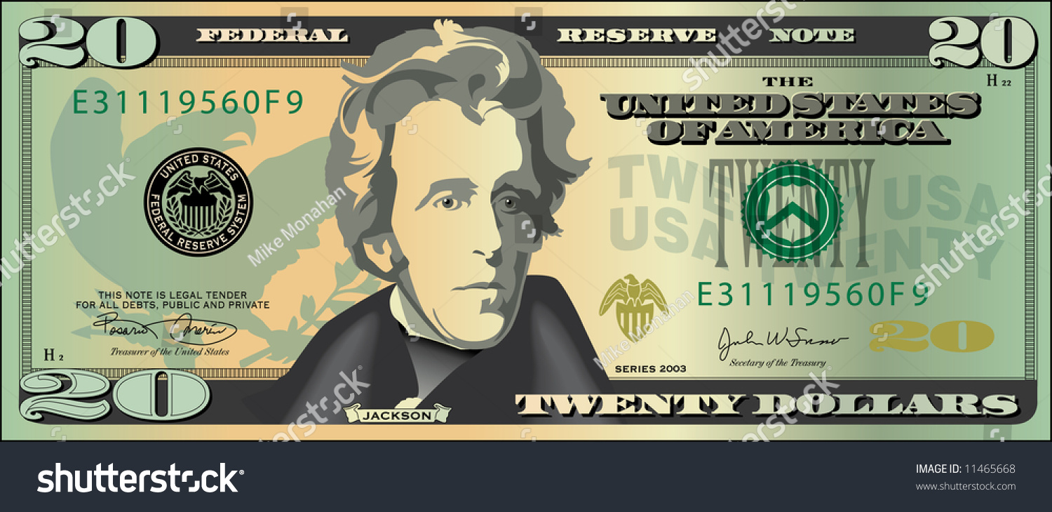 Stylized Drawing 20 Dollar Bill Banknote: стоковая иллюстрация, 11465668.