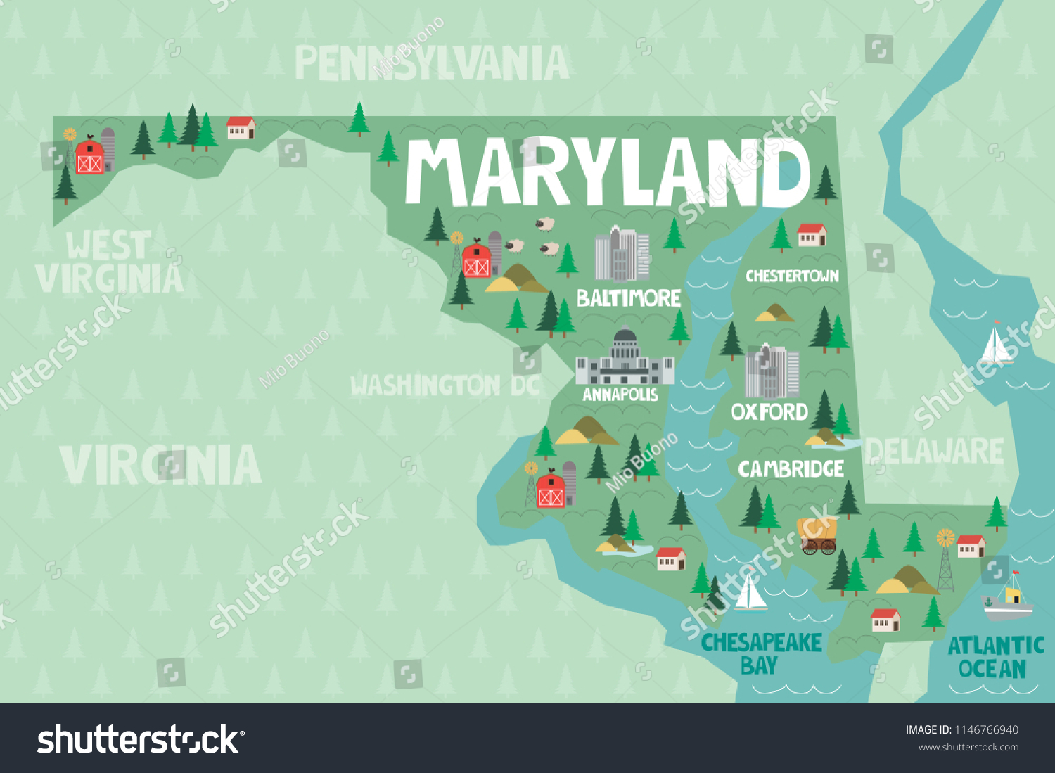 Illustrated Map State Maryland United States Stock Vector Royalty Free Stock Vector Illustrated Map Of The State Of Maryland In United States With Cities And Landmarks Editable 1146766940