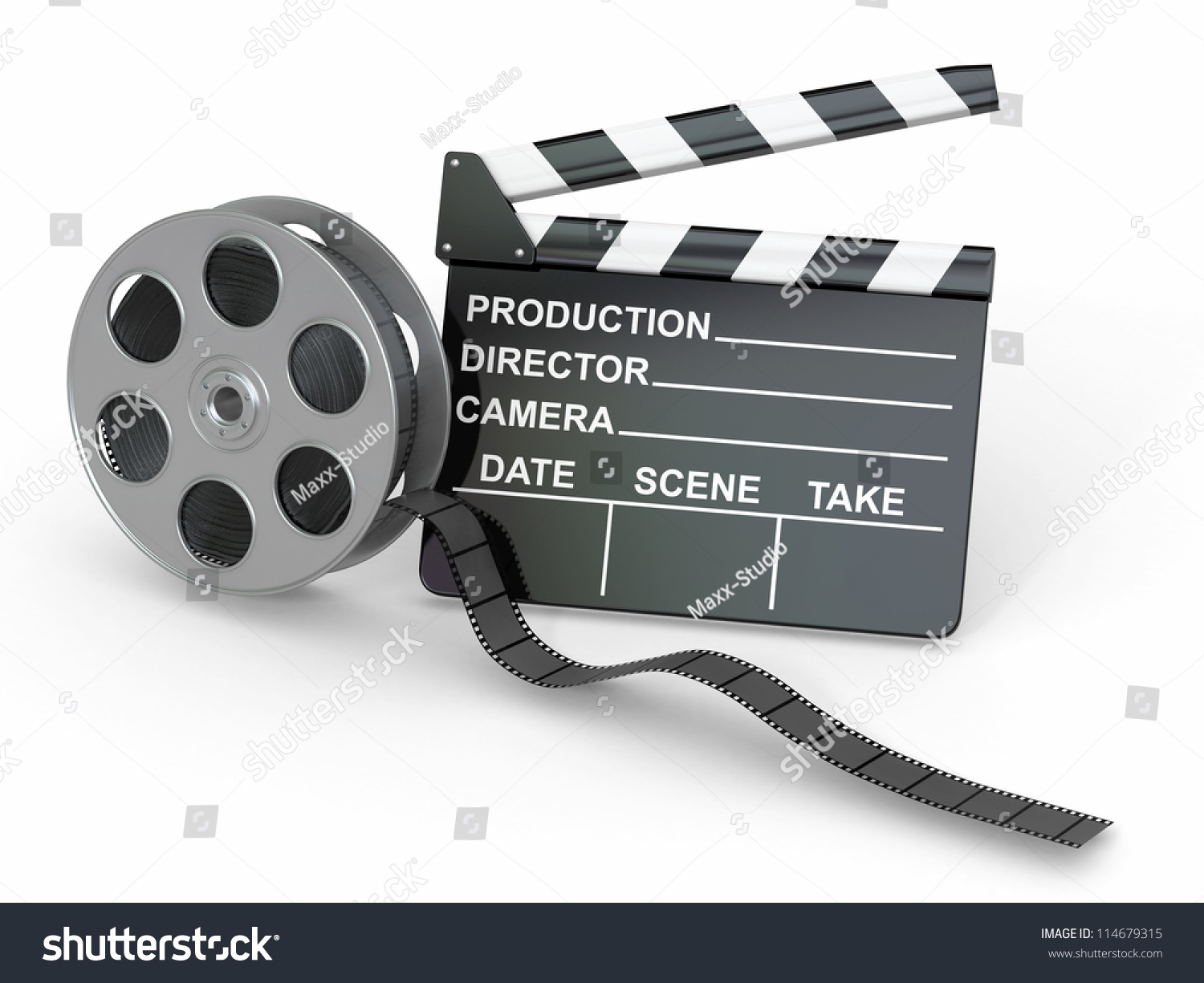 Movie Industry Clapperboard Film Reel 3d Stock Illustration 114679315 ...