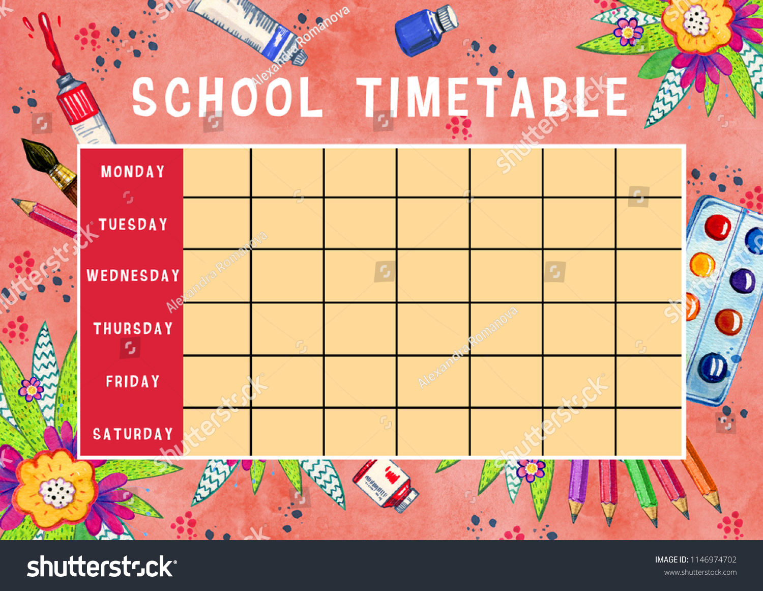 Template School Timetable Days Week Free Stock Illustration 1146974702 ...