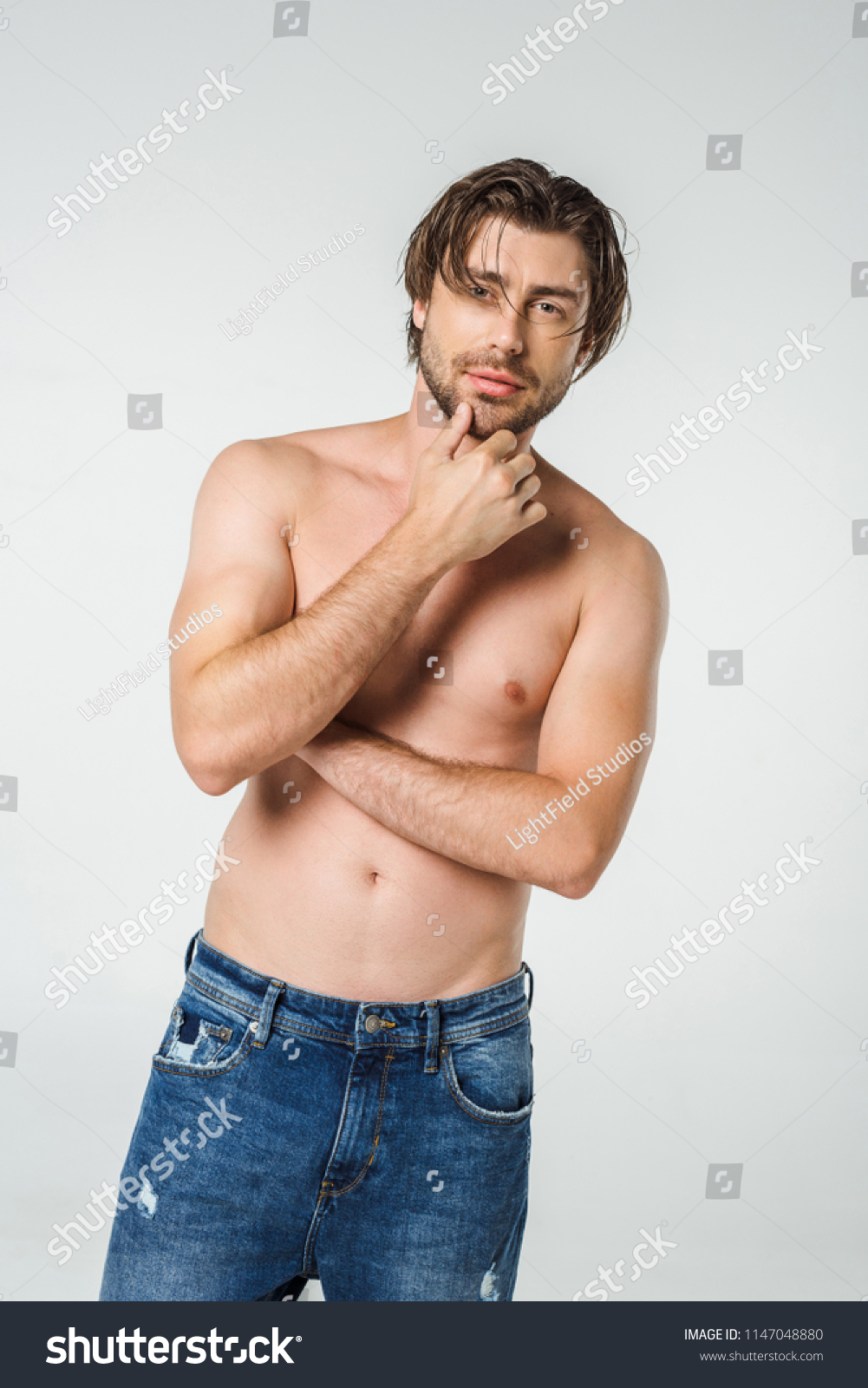 Portrait Pensive Shirtless Man Jeans Isolated Stock Photo Shutterstock