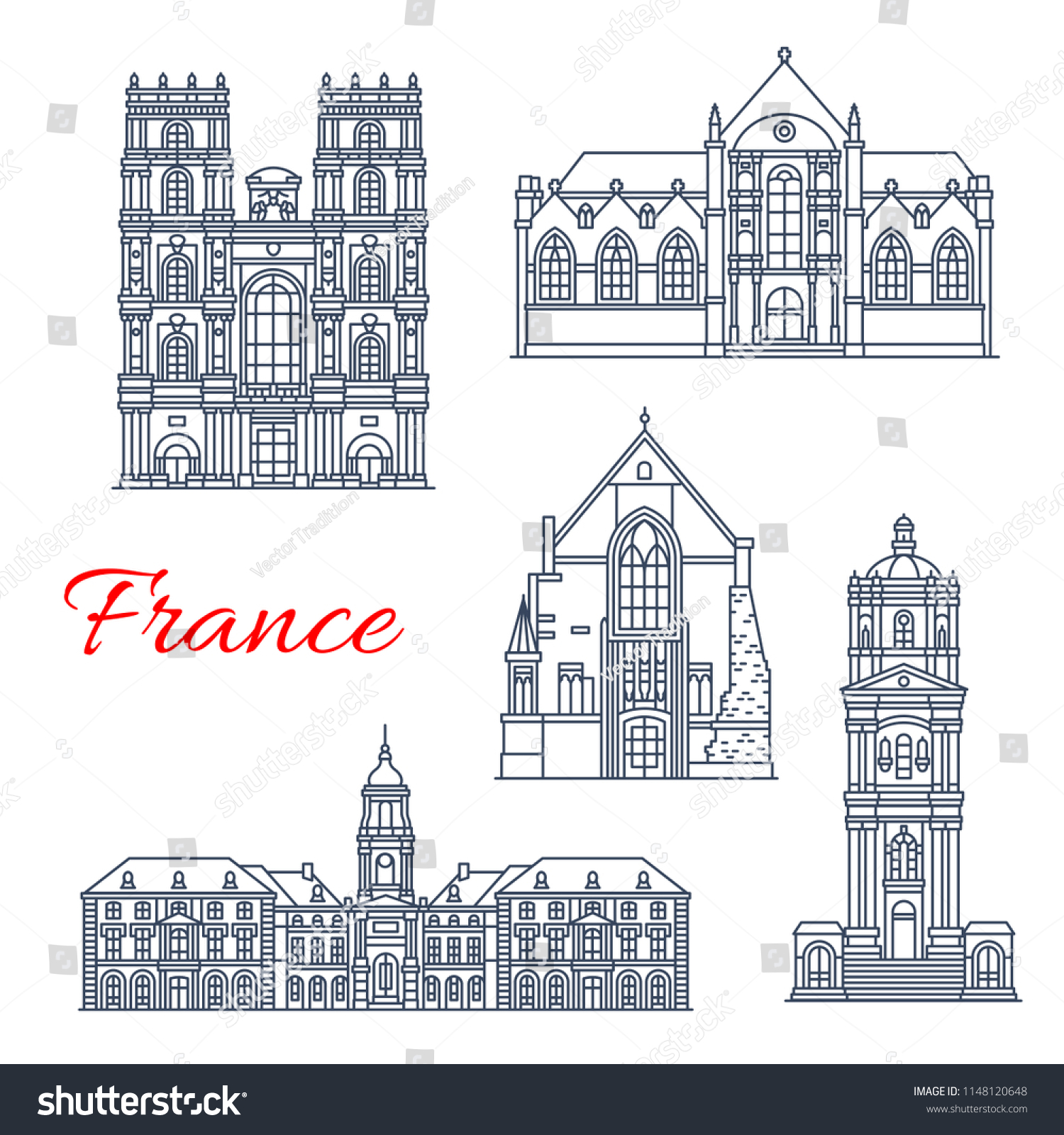 France Landmarks Famous Historic Architecture Buildings Stock Vector ...