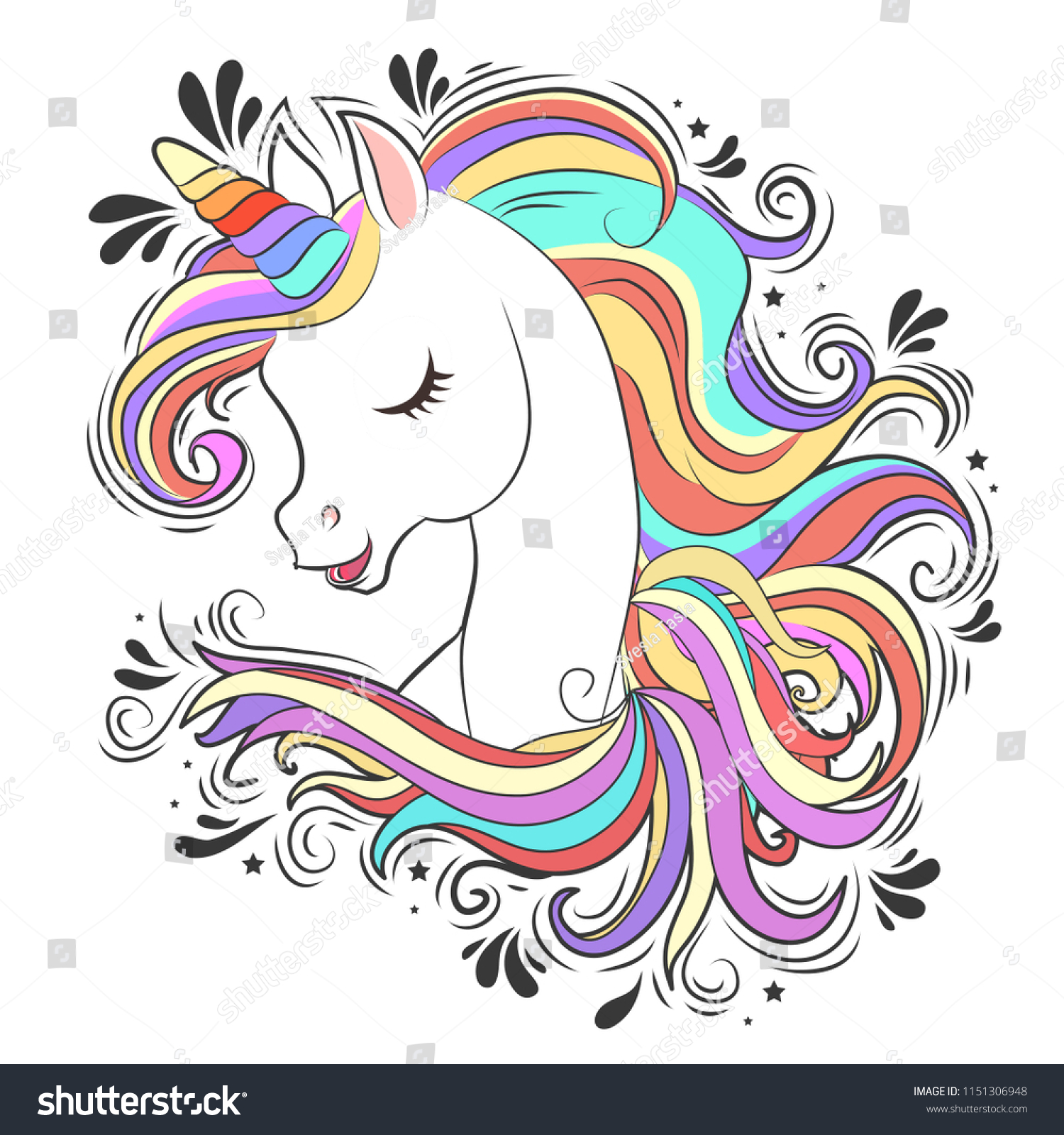 Cute White Unicorn Rainbow Hair Vector Stock Vector (Royalty Free ...