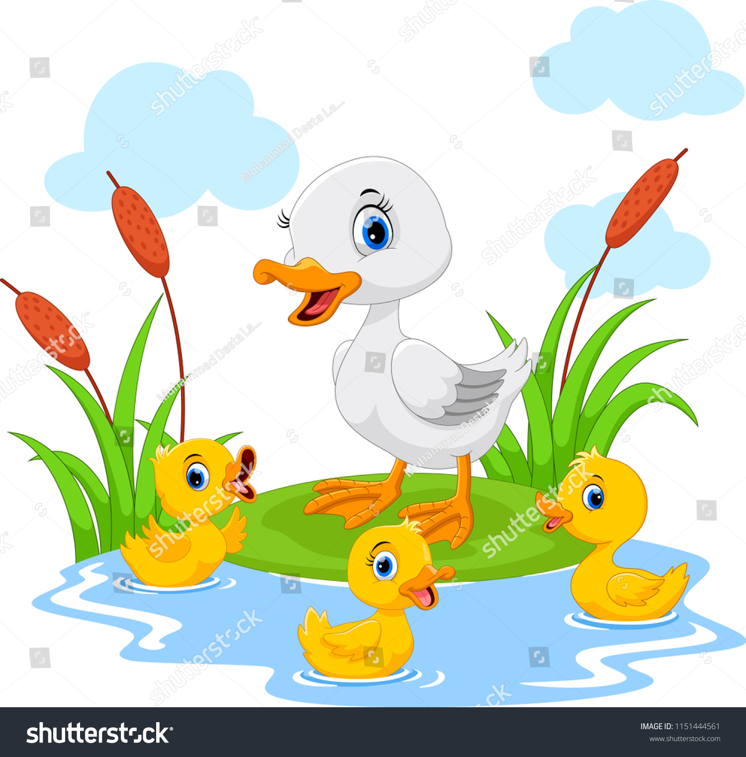 Mother Duck Swims Her Three Little Stock Vector (Royalty Free ...