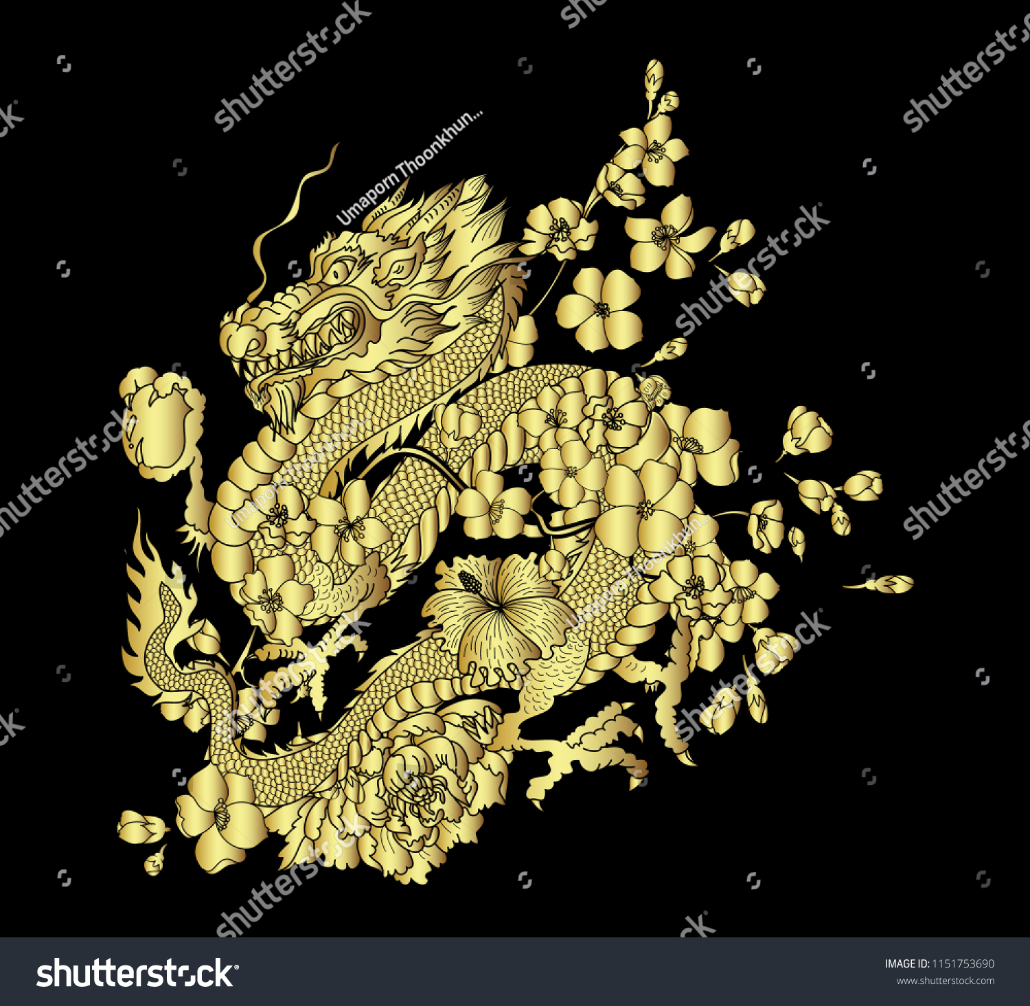 Vektor Stok Japanese Golden Dragon Vector Tattoo Designchinese (Tanpa