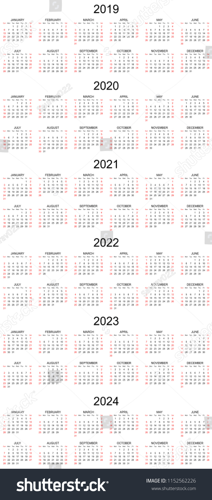 Six Year Calendar 2019 2020 2021 Stock Vector Royalty Free 1152562226 Shutterstock 2034