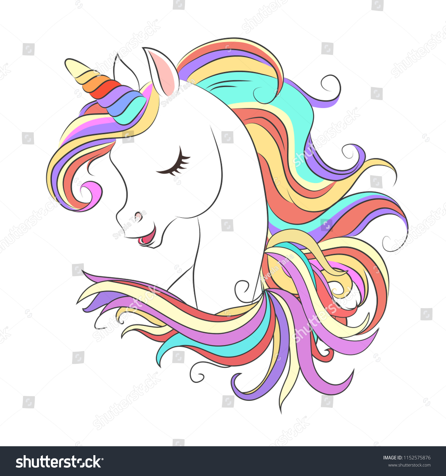 Cute White Unicorn Rainbow Hair Vector Stock Vector (Royalty Free ...