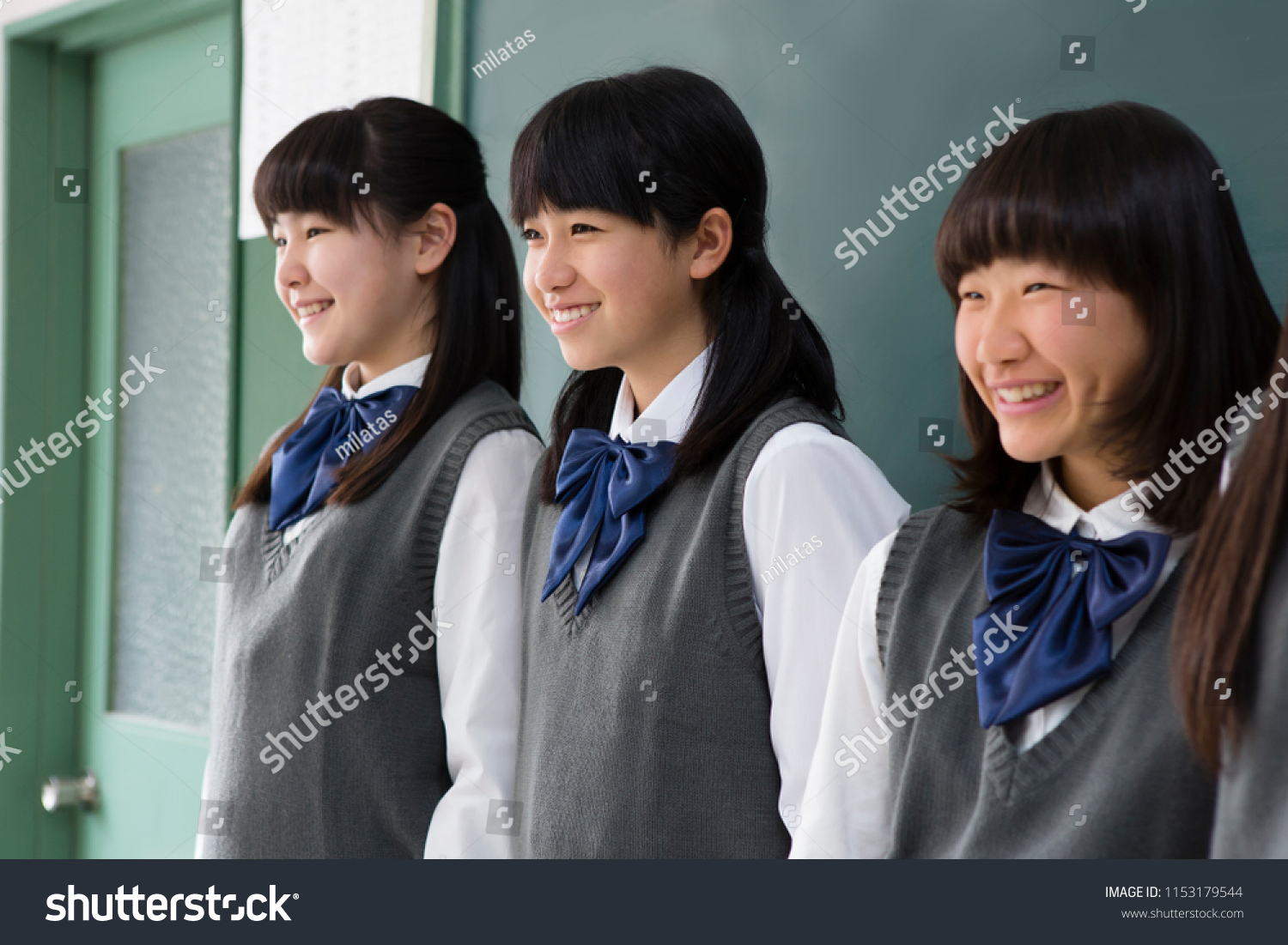 Japanese Female Students Standing Front Blackboard Stock Photo ...