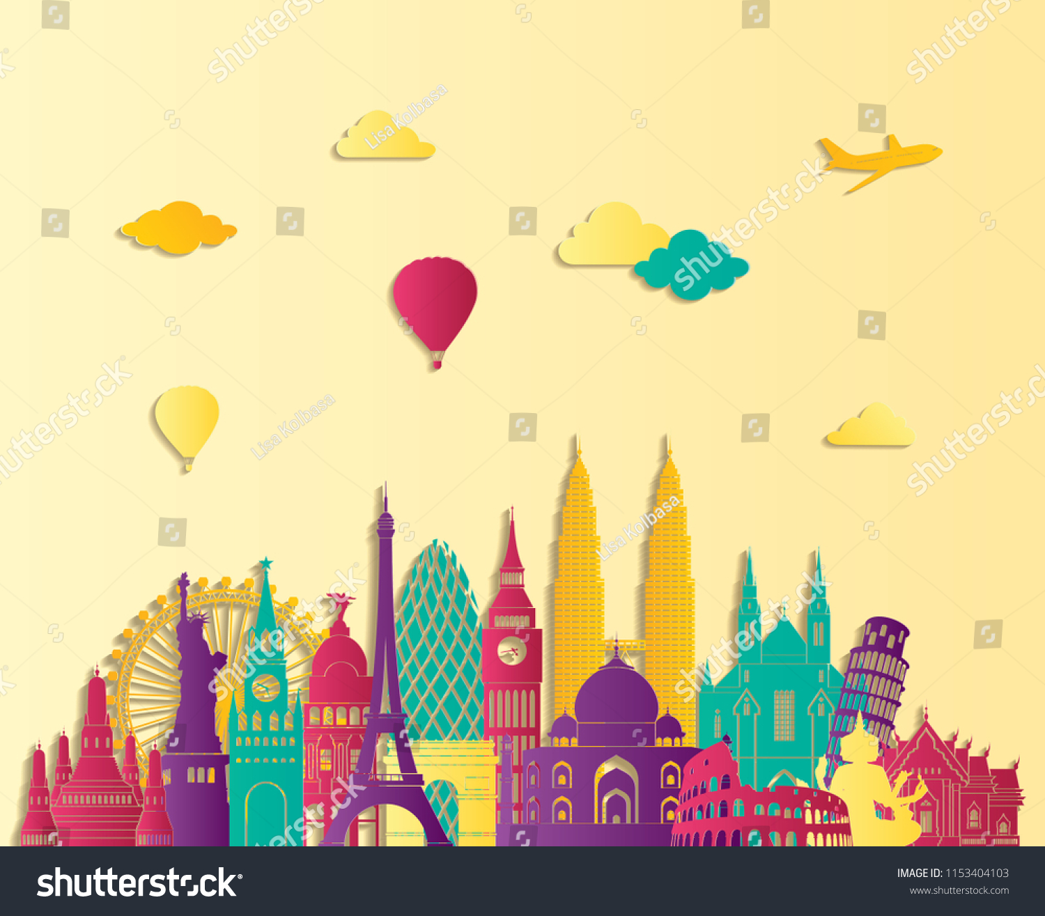 Travel Tourism Background World Famous Monuments Stock Vector Royalty