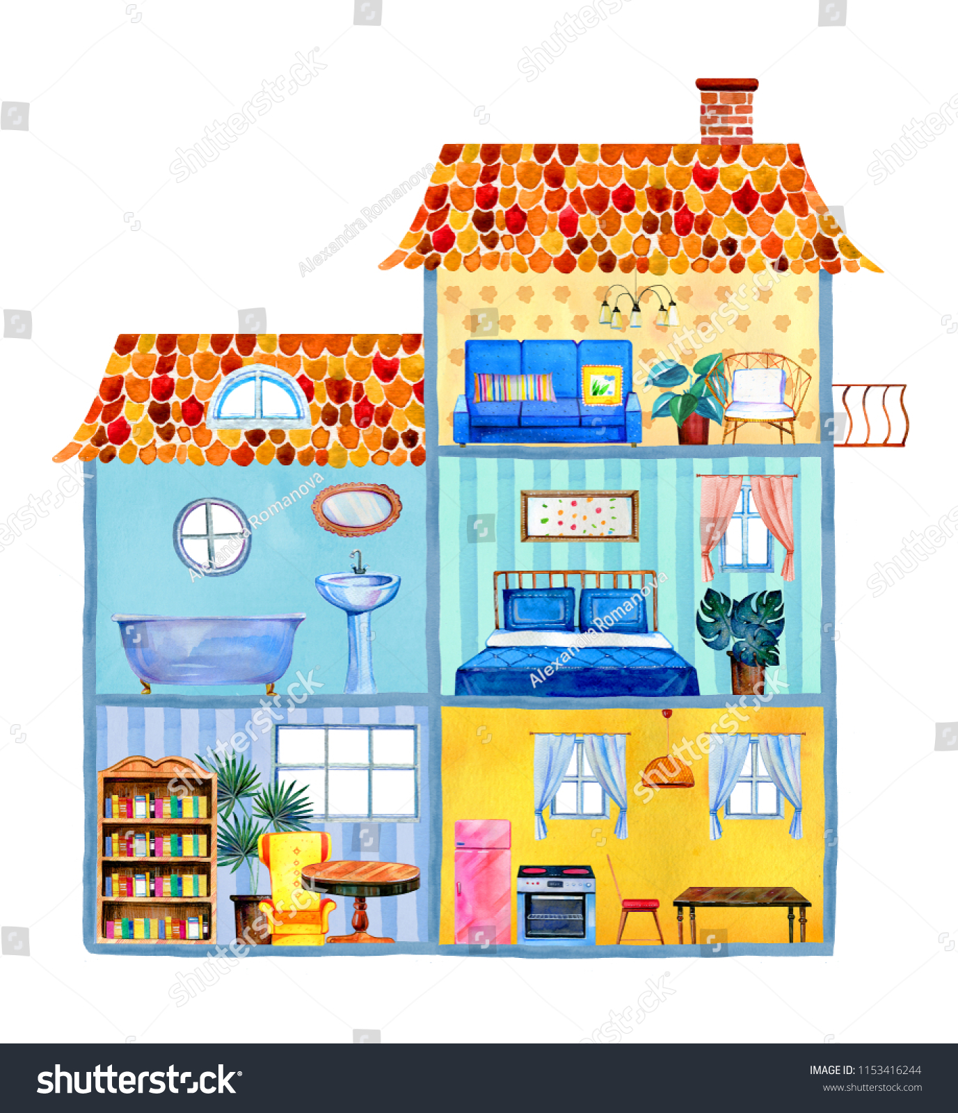 Inside View Big Cartoon House Different Stock Illustration 1153416244 ...