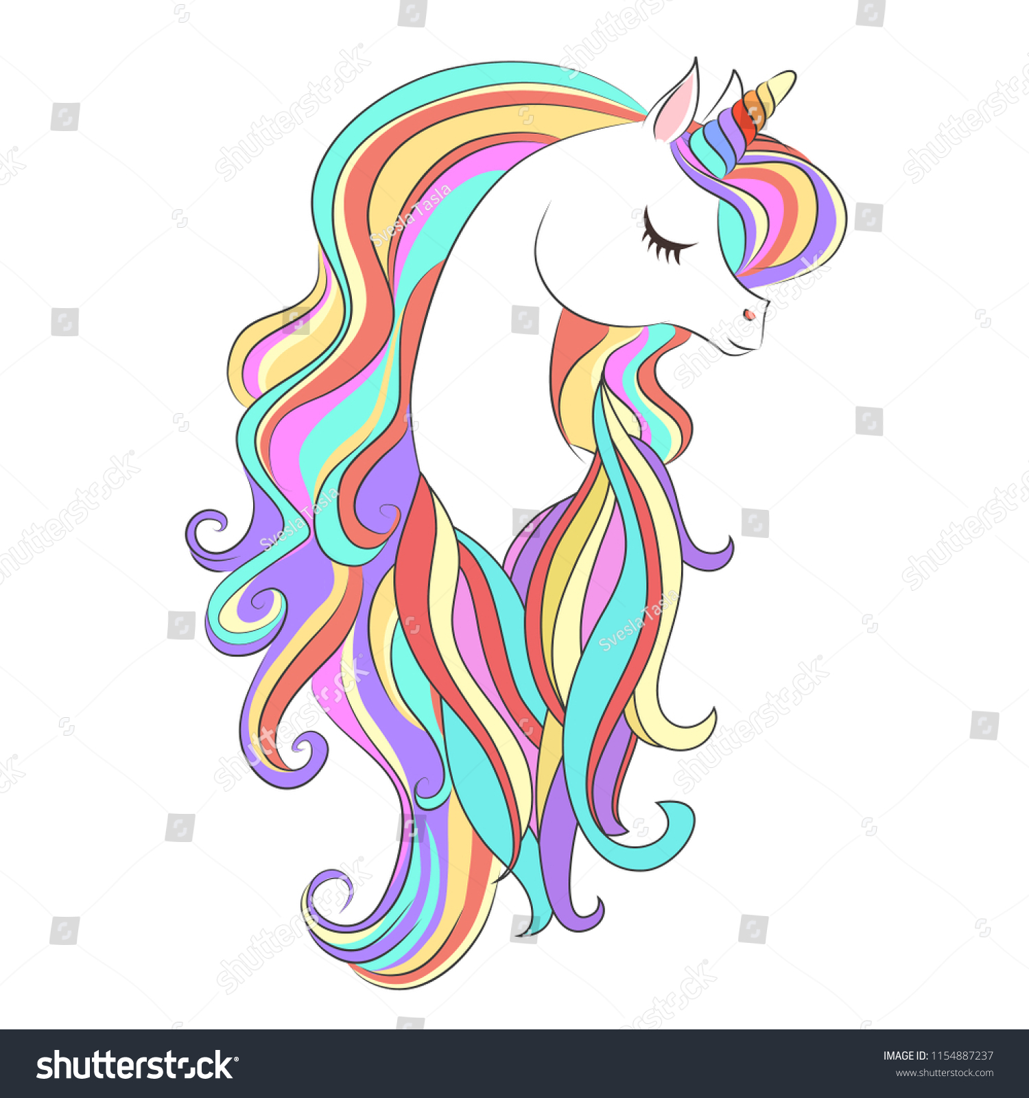 Cute White Unicorn Rainbow Hair Vector Stock Vector (Royalty Free ...