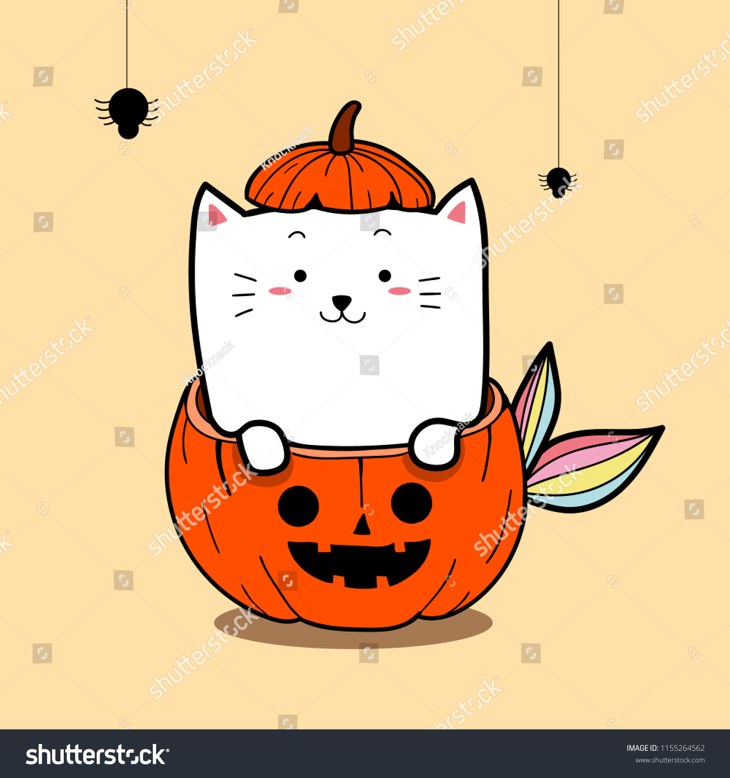 Cute Cat Mermaid Pumpkin Halloween Day Stock Vector (Royalty Free ...