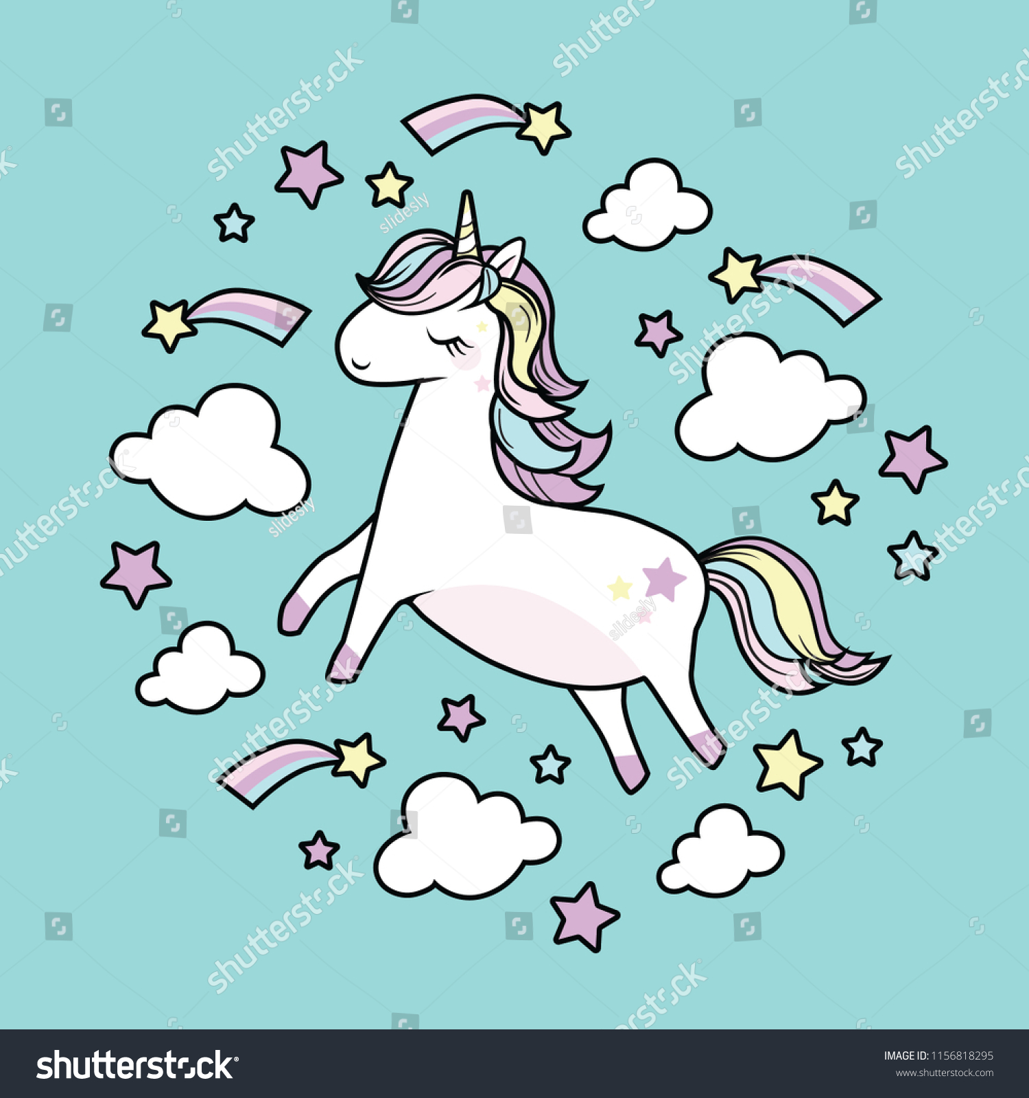 Cute Tiny Unicorn Sleeping On Cloud Stock Vector (royalty Free 