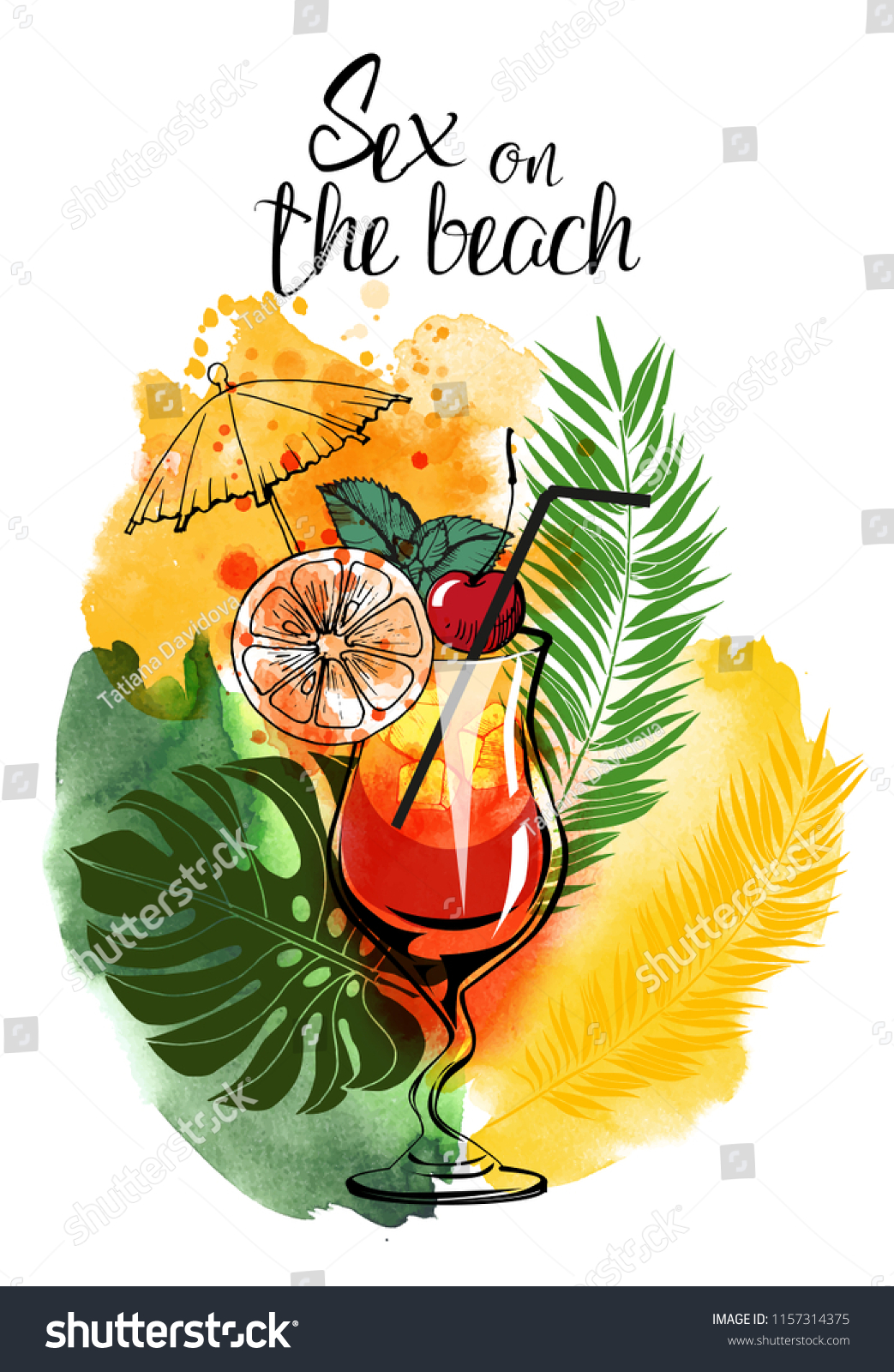 Cocktail Sex On Beach Watercolor Vector Stock Vector Royalty Free