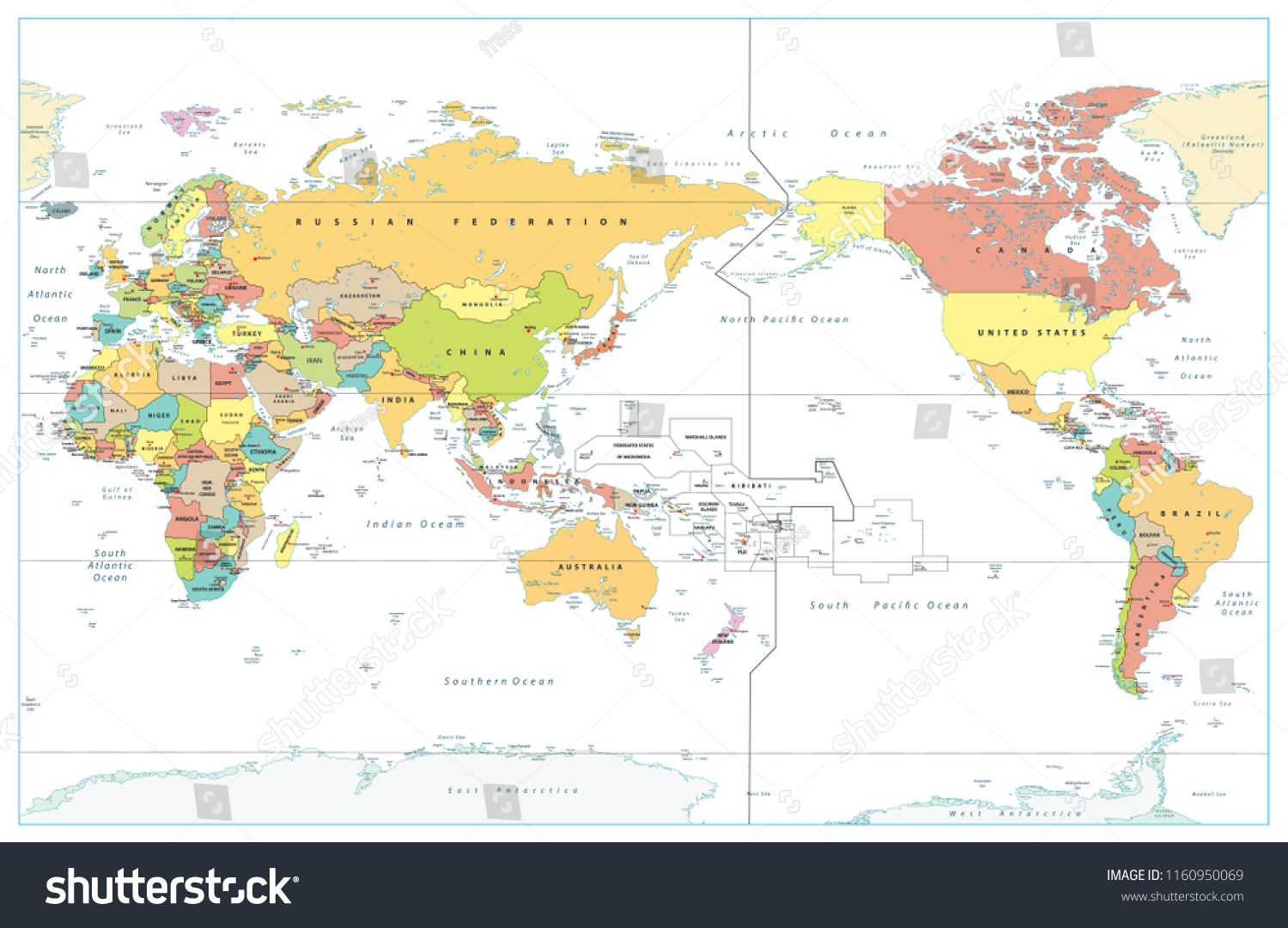 Pacific Centered World Colored Map Isolated Stock Vector (Royalty Free ...