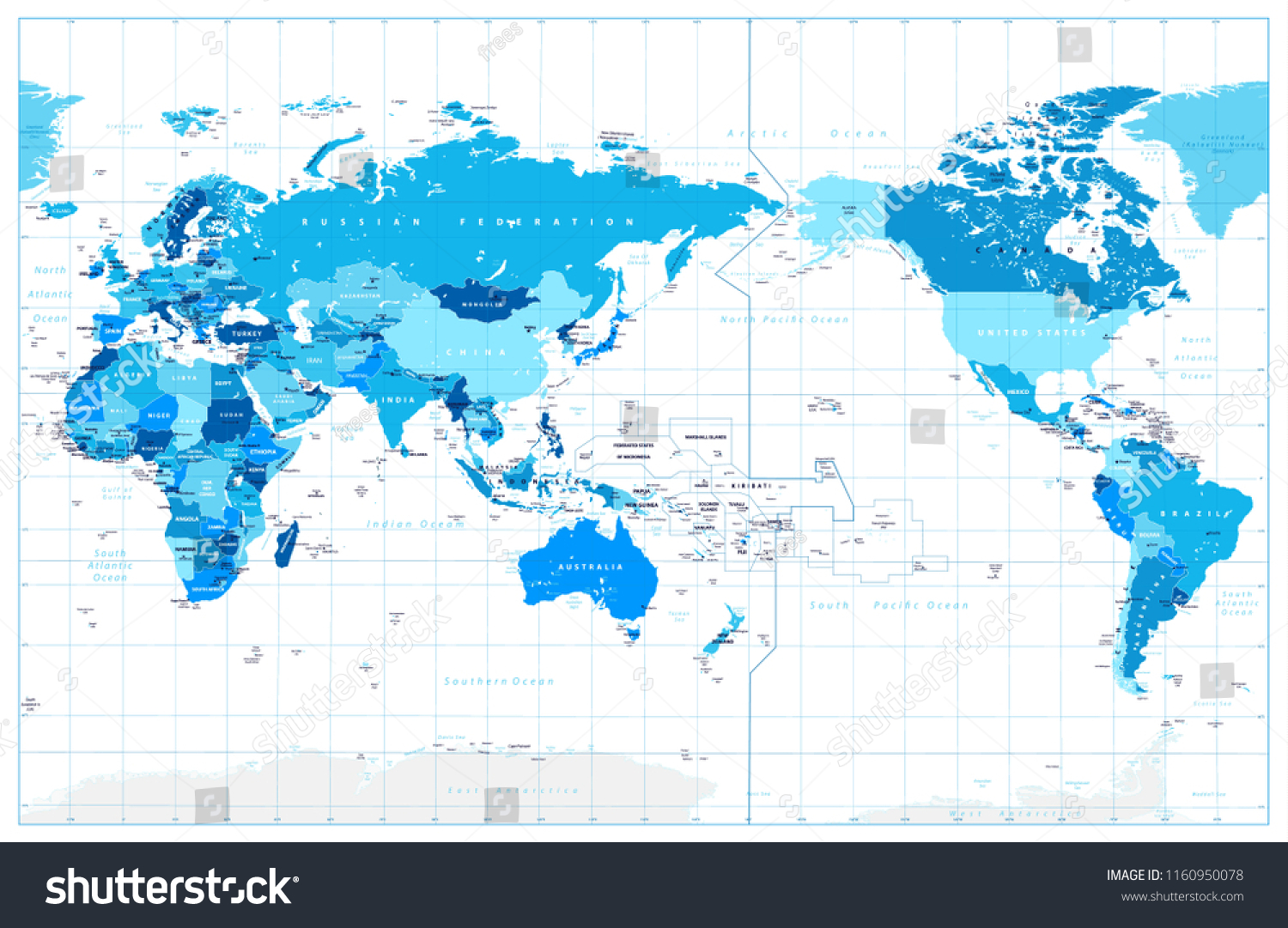 Pacific Centered World Map Colors Blue Stock Vector (Royalty Free ...