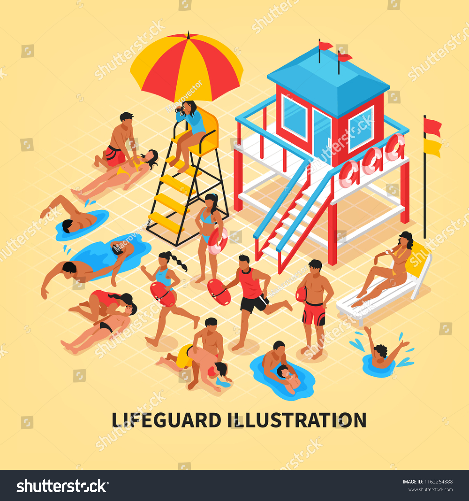 Beach Lifeguards Isometric Vector Illustration Female Stock Vector