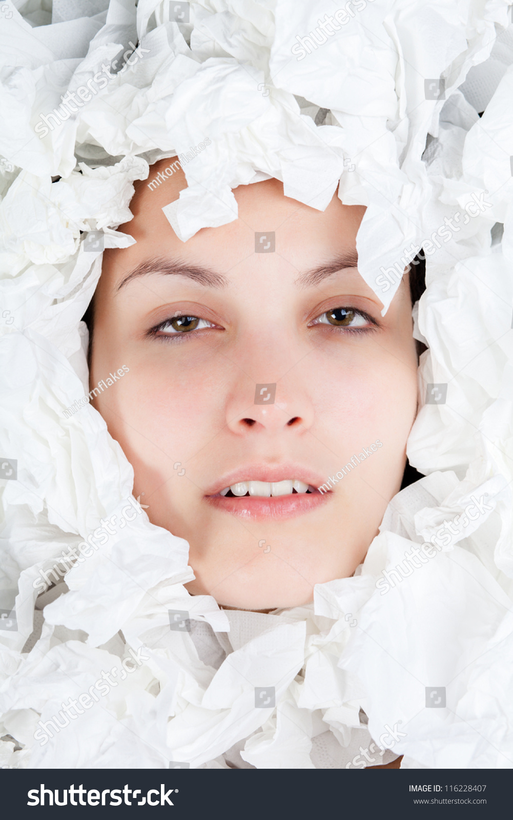 Ill Woman Face Scrunched Paper Tissues Stock Photo Shutterstock