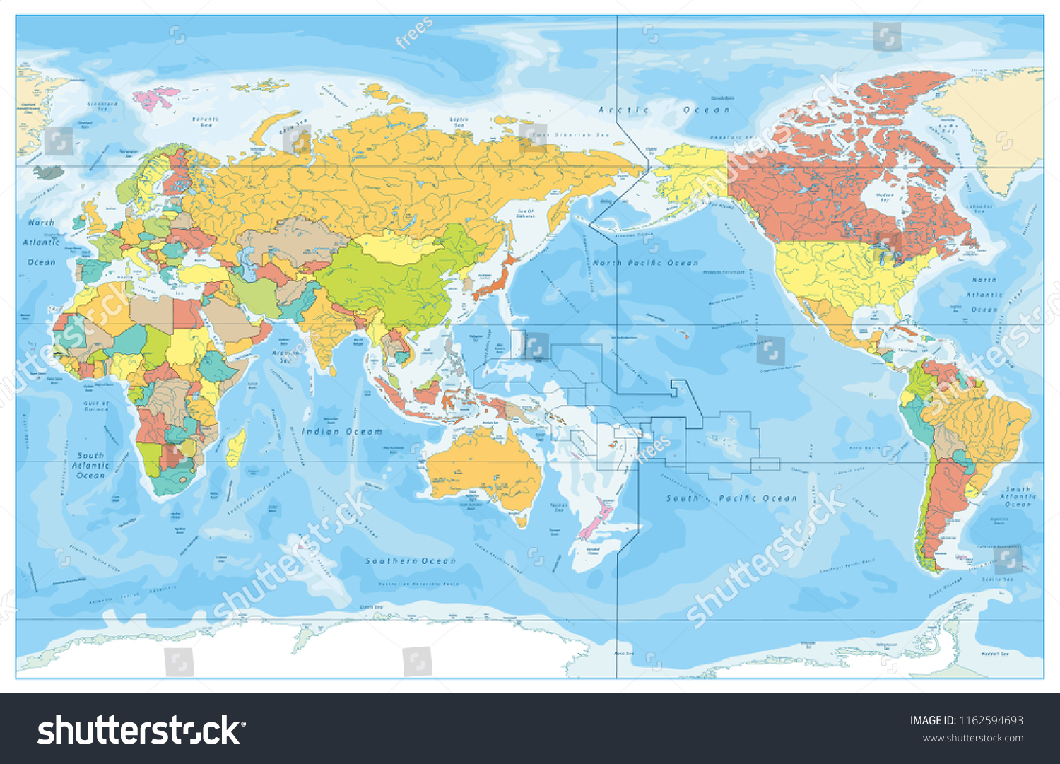 Pacific Centered World Colored Map Water Stock Vector Royalty Free Stock Vector Pacific Centered World Colored Map And Water Bathymetry With Names Water Borders And Water Objects 1162594693