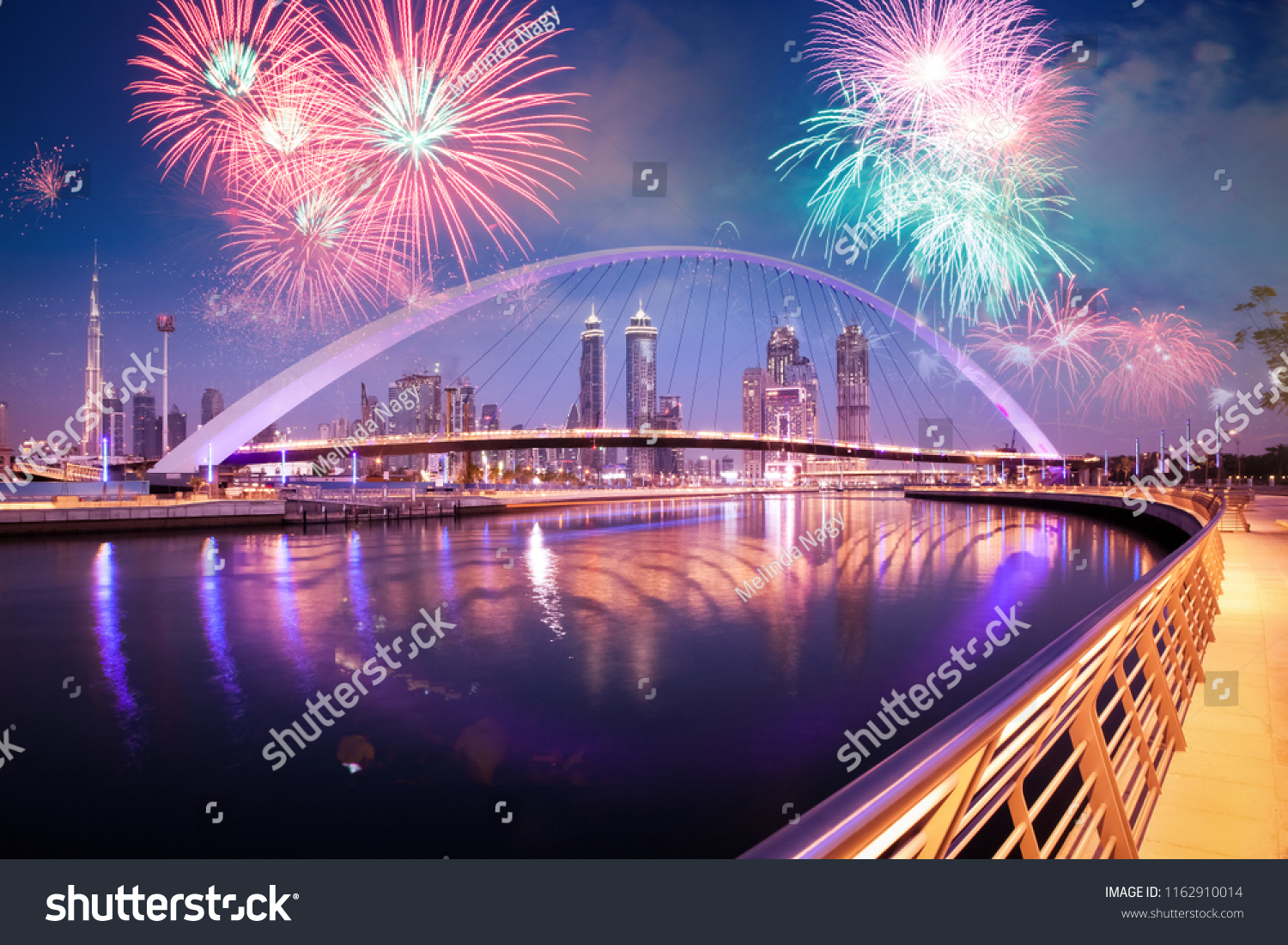 Fireworks Display Over Dubai Downtown Skyscrapers Stock Photo