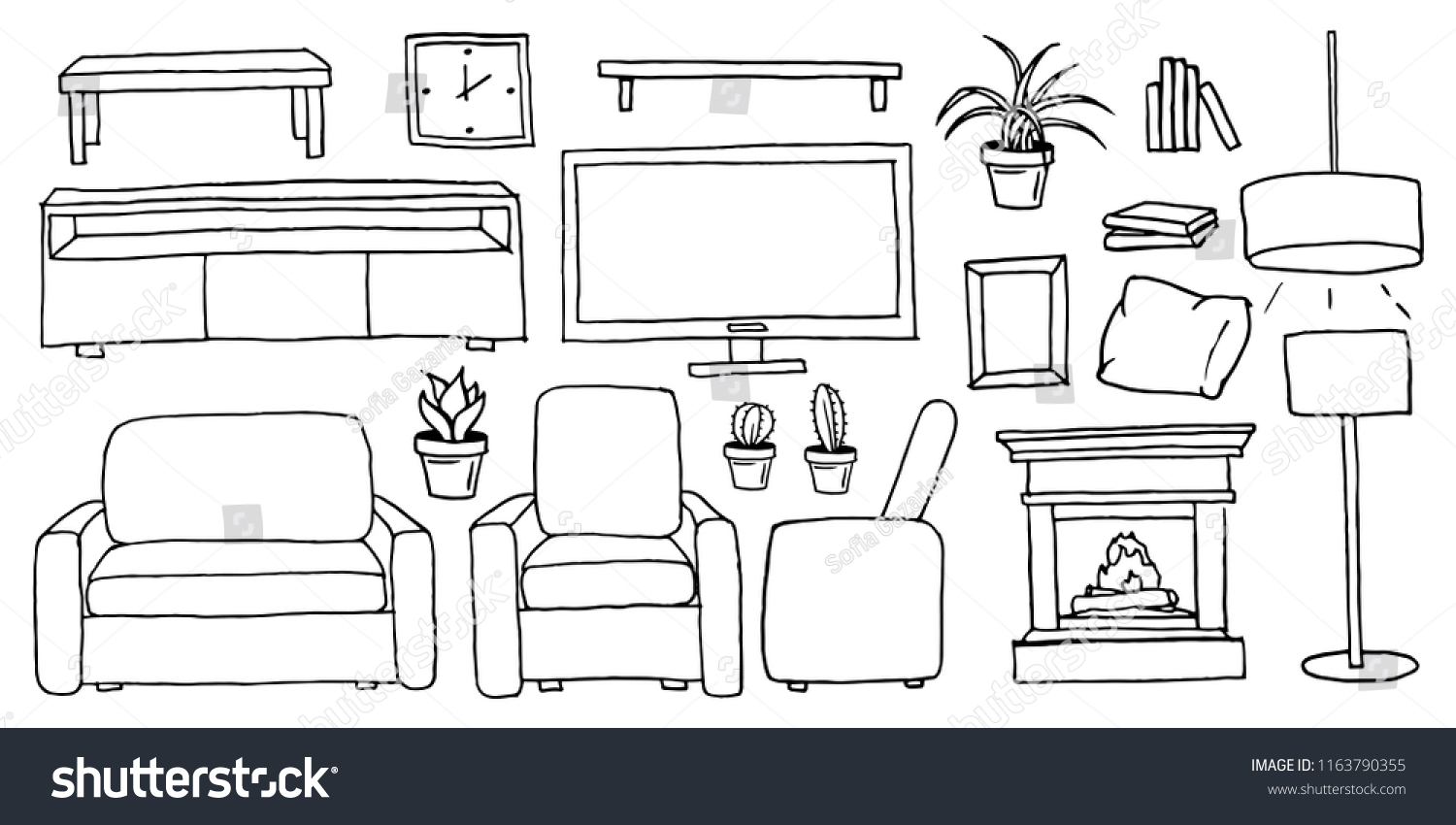 Living Room cartoon Black and White