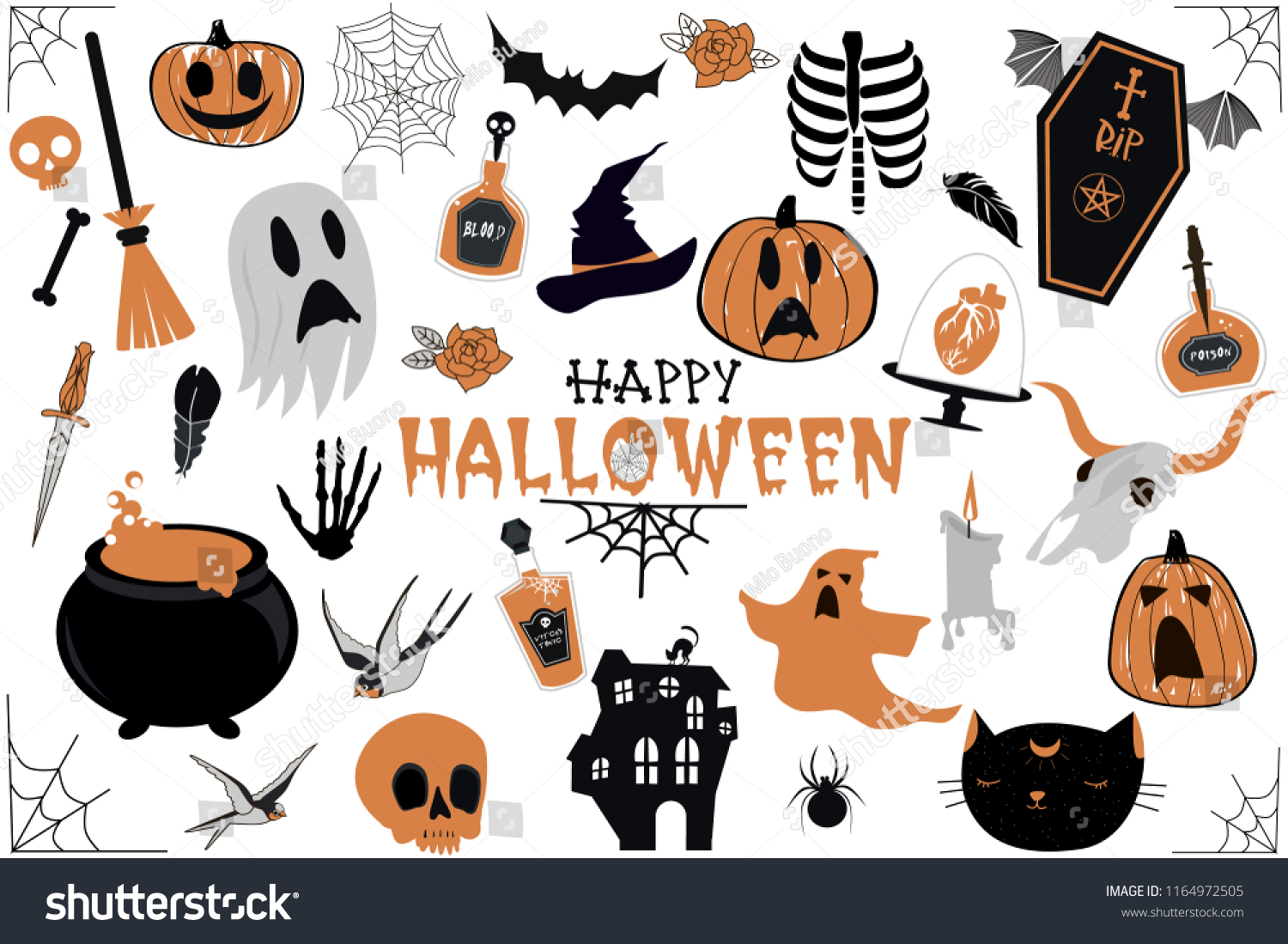 Vektor Stok Happy Halloween Stickers Icons Set Editable Tanpa Royalti