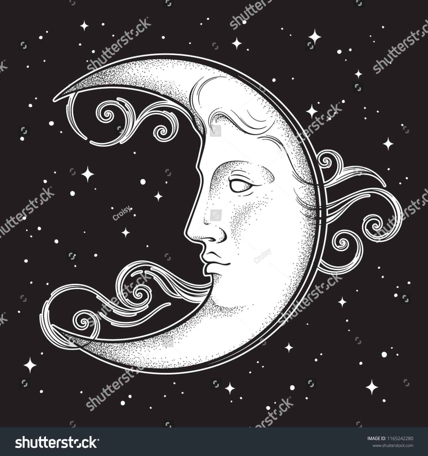 Crescent Moon Stars Antique Style Hand Stock Vector (Royalty Free ...