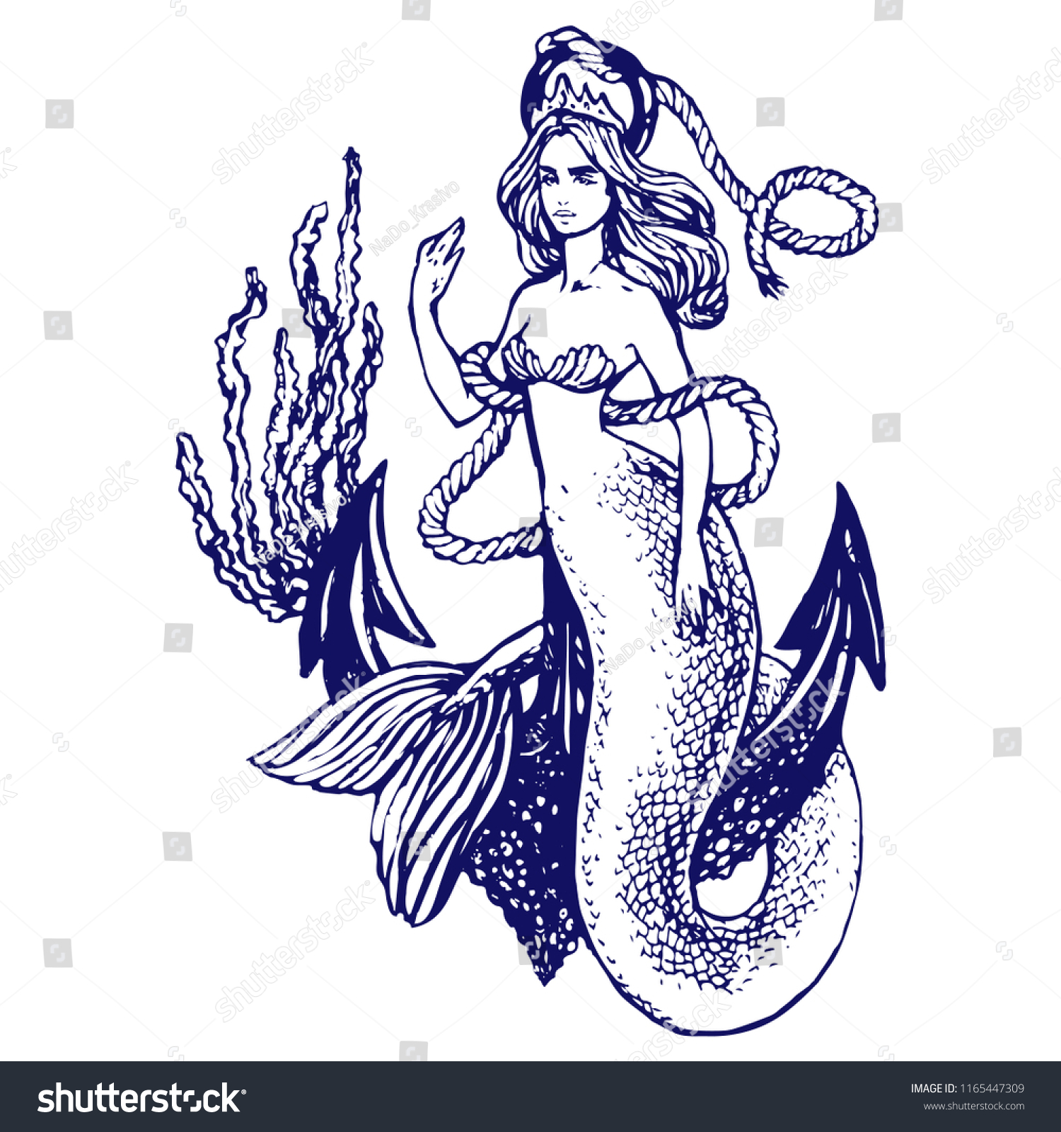 Mermaid Anchor Hand Drawn Line Art Stock Vector (Royalty Free ...