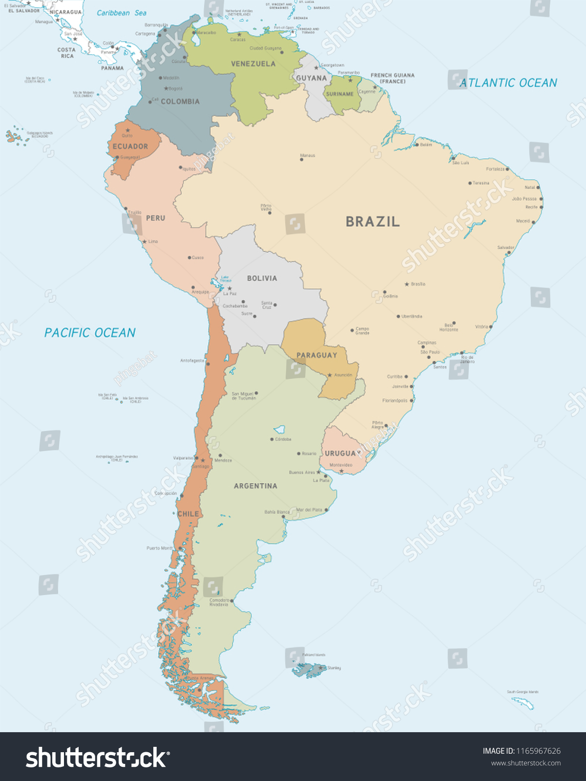 Vector Map South America Continent Countries Stock Vector Royalty Free 1165967626 Shutterstock 3421