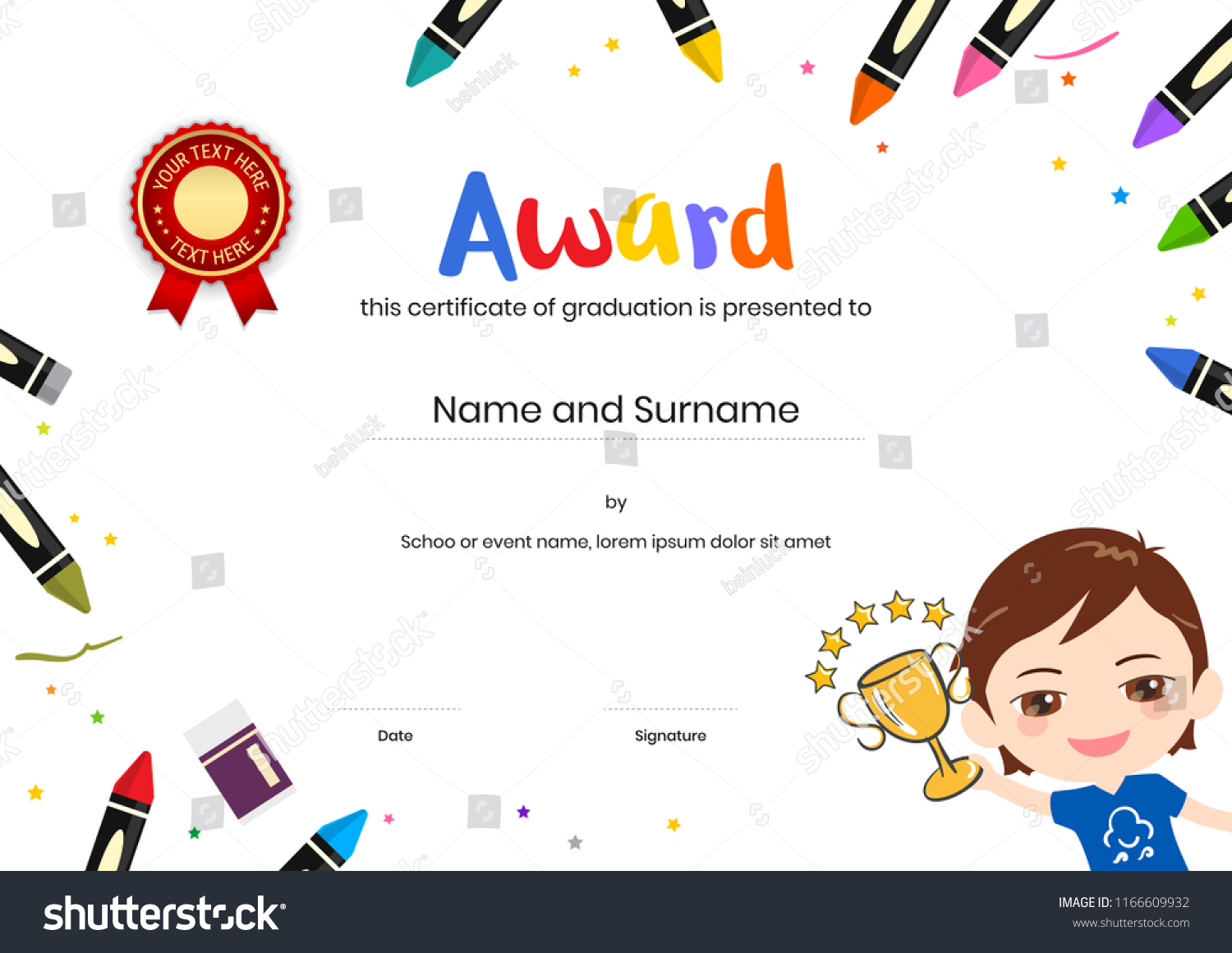 Kids Diploma Certificate Template Painting Stuff Stock Vector Royalty