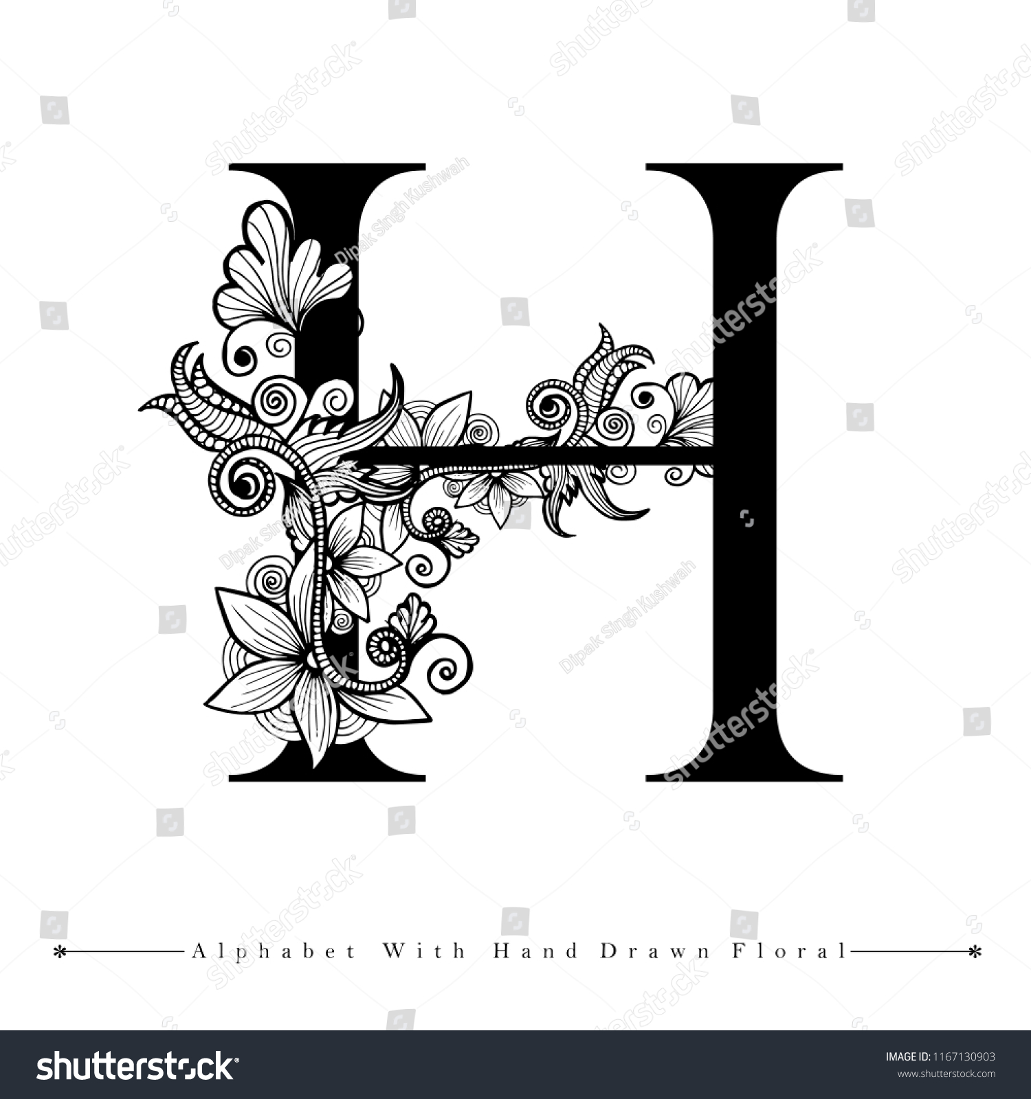 Alphabet Letter H Black White Hand Stock Illustration 1167130903 