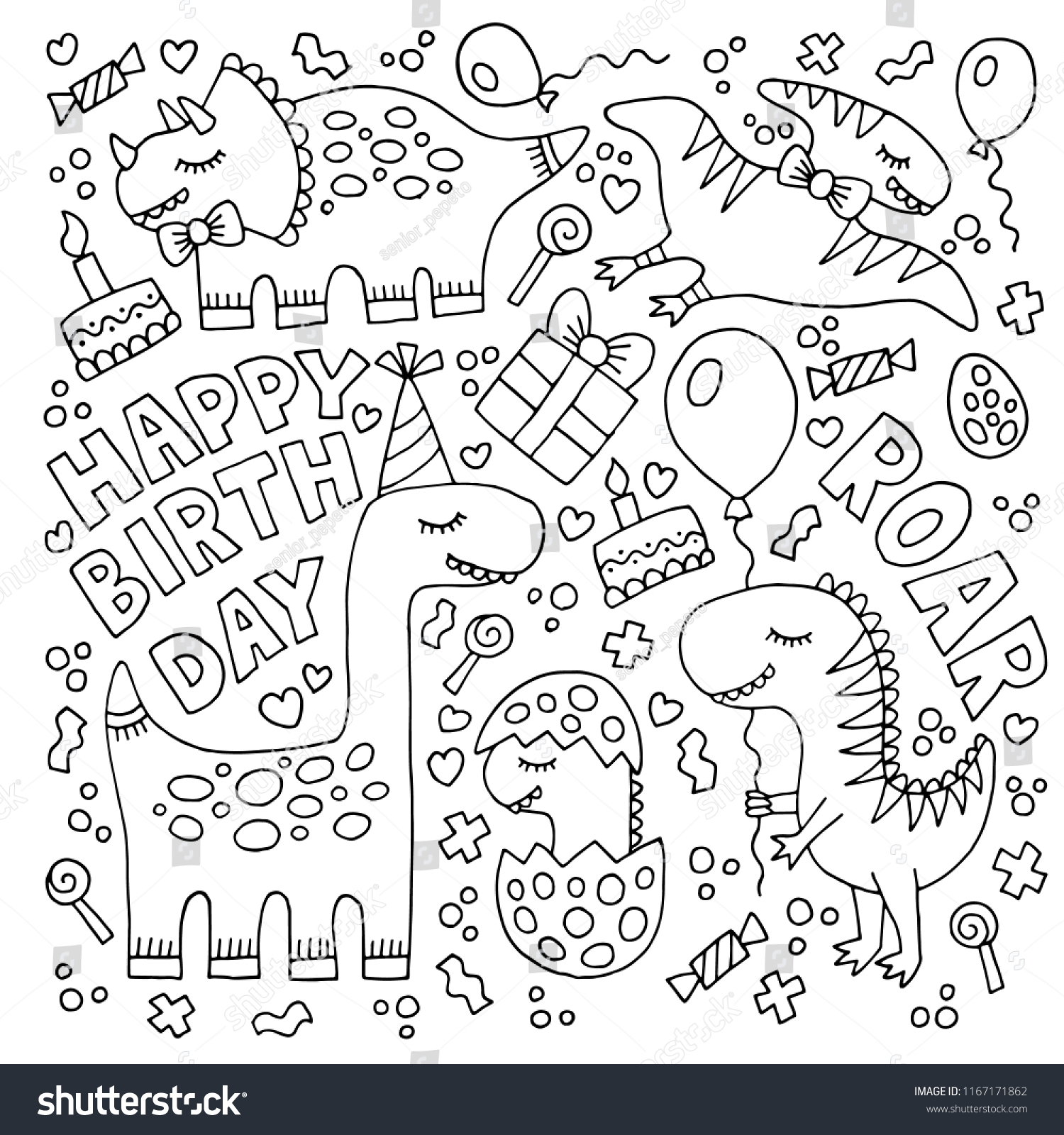 Happy Birthday Coloring Pages Dinosaur Happy Birthday Card Dinosaurs Black White Stock Vector (Royalty Free)  1167171862 | Shutterstock