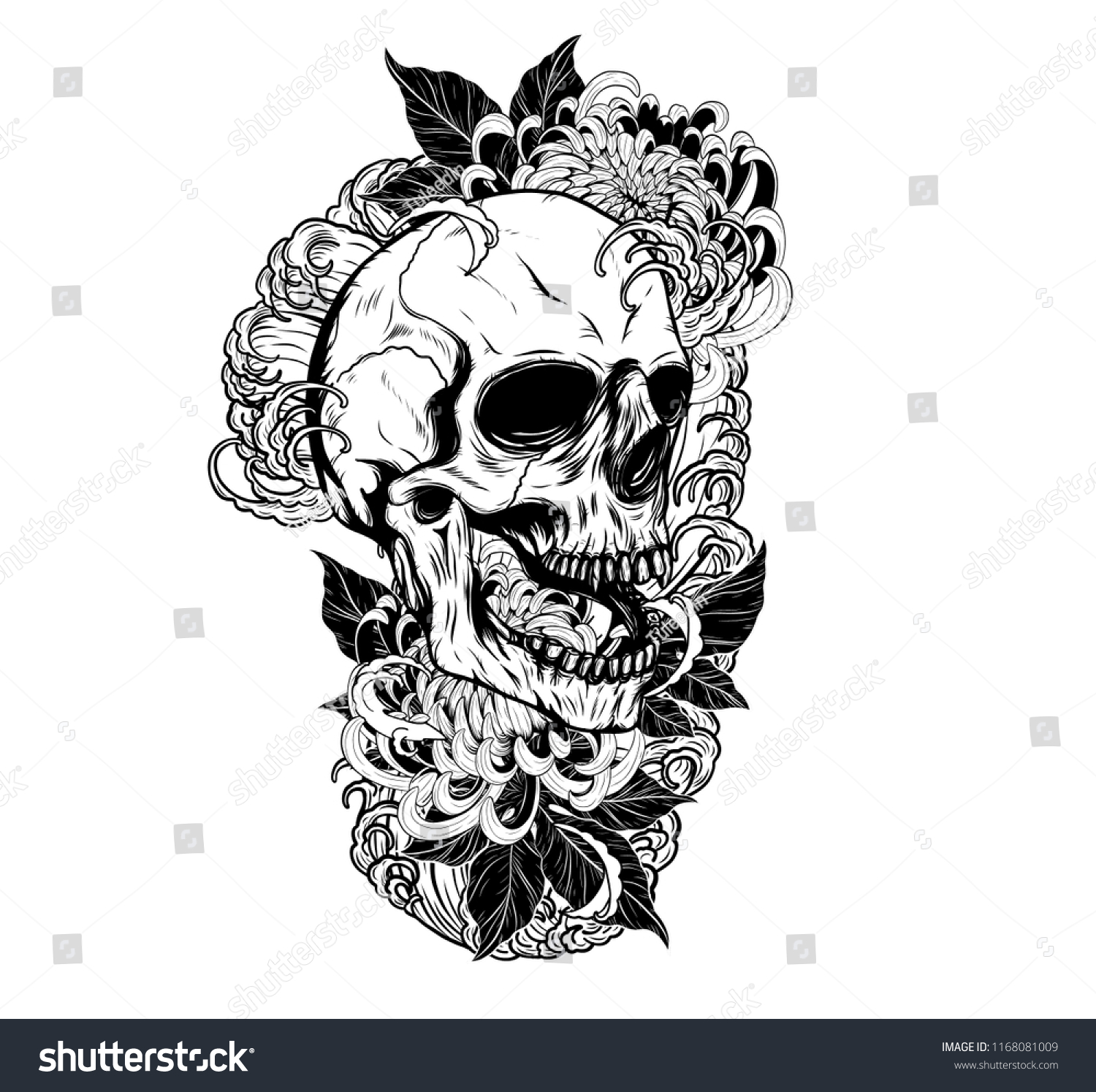 Skull Chrysanthemum Tattoo By Hand Drawingtattoo Stock Vector (Royalty ...