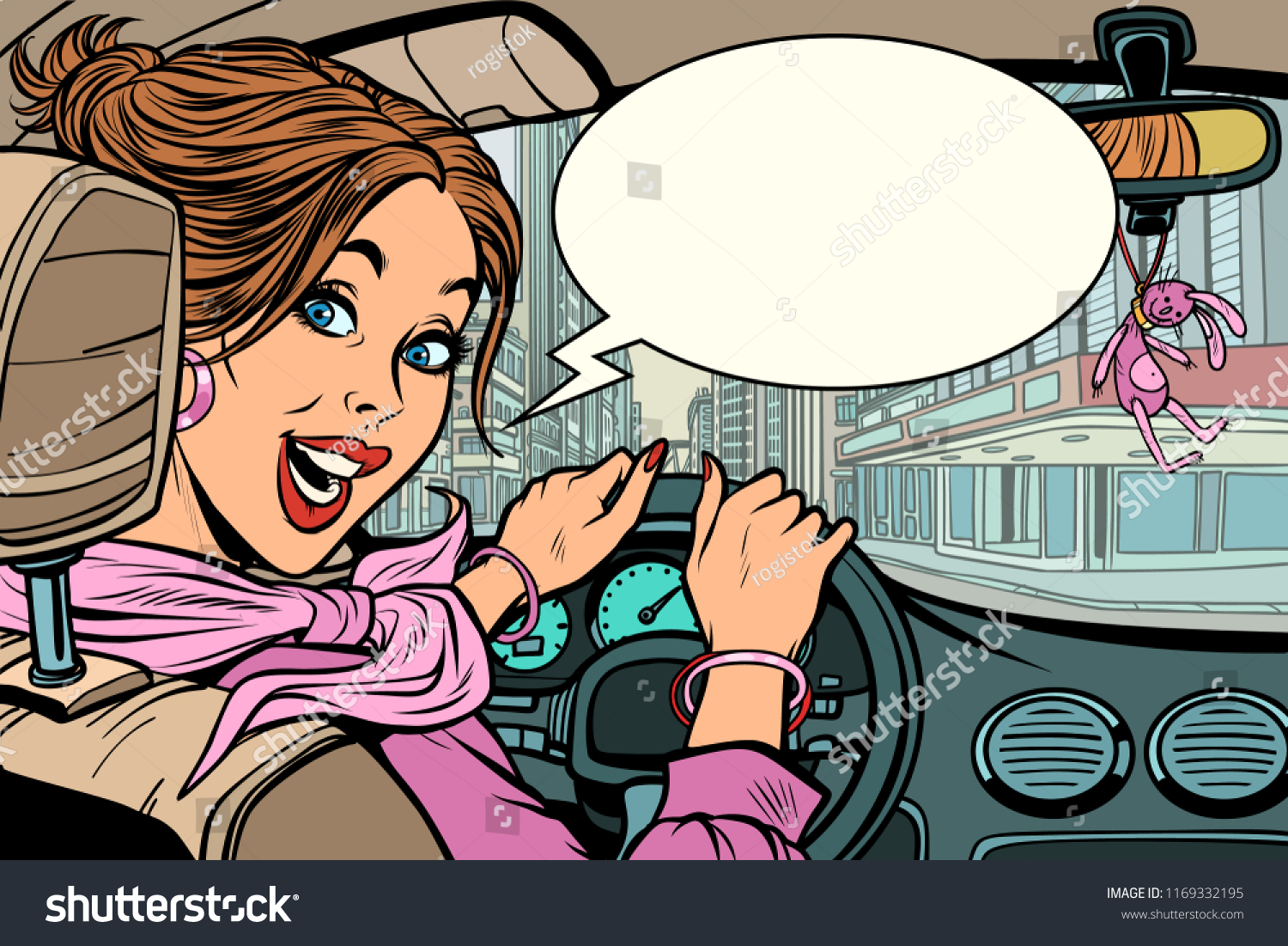 Joyful Woman Behind Wheel Car Comic Stock Vector (Royalty Free