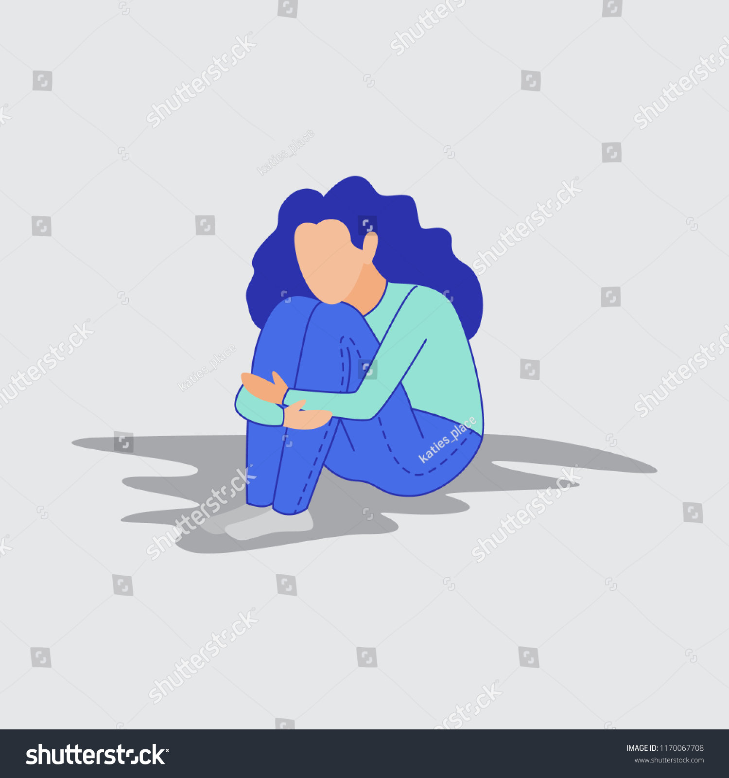 Sad Depressed Girl Sitting On Floor Stock Vector (Royalty Free ...