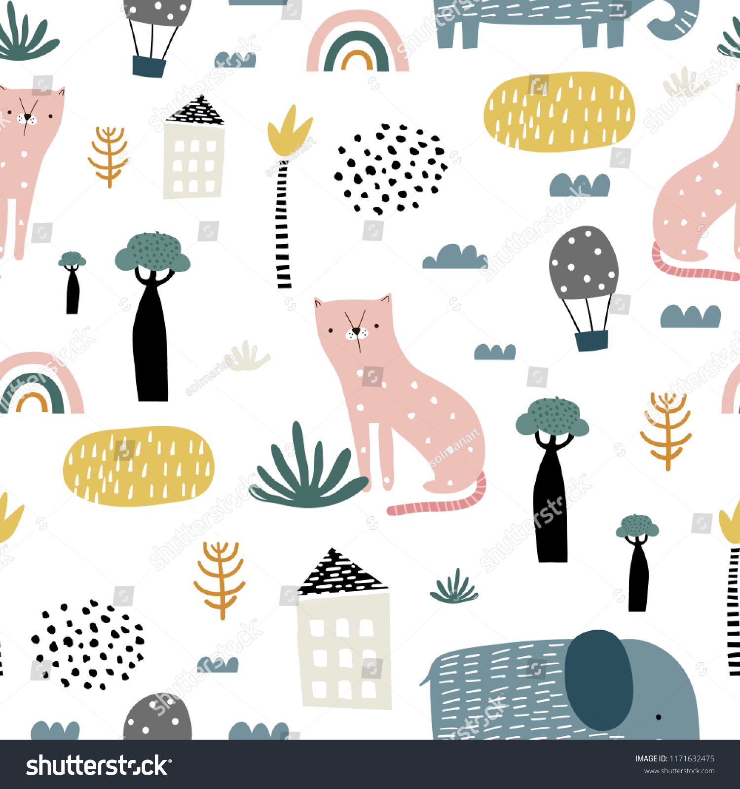 Seamless Pattern Kids Style Cat Elephant Stock Vector (Royalty Free ...