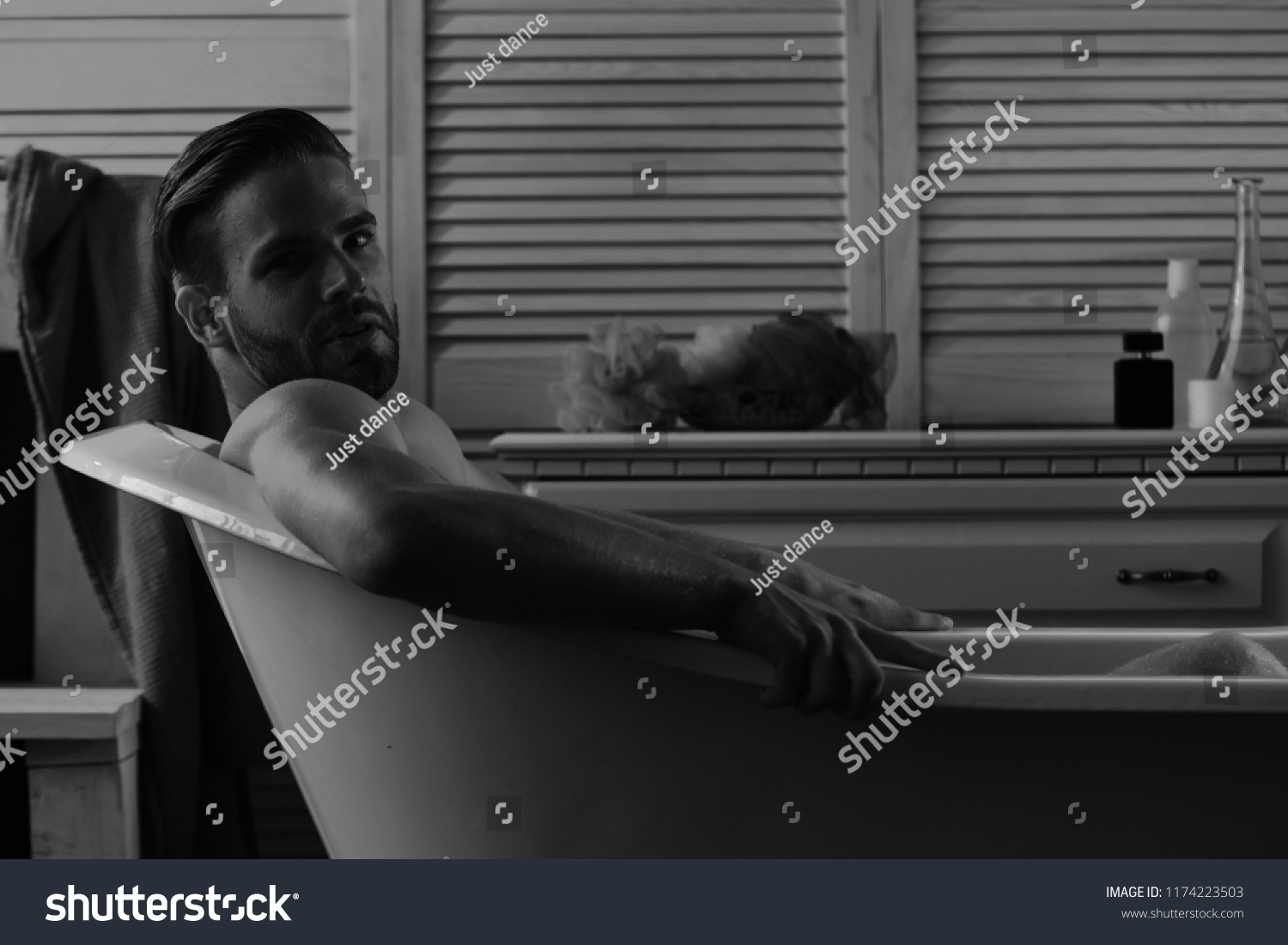 Macho Sitting Naked Bathtub Selective Focus Stock Photo Shutterstock