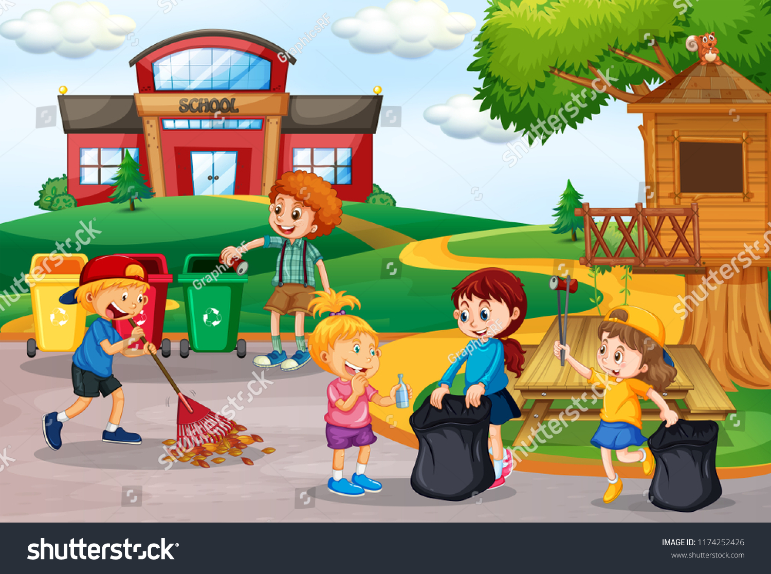 Volunteer Kids Collecting Trash School Illustration Stock Vector ...